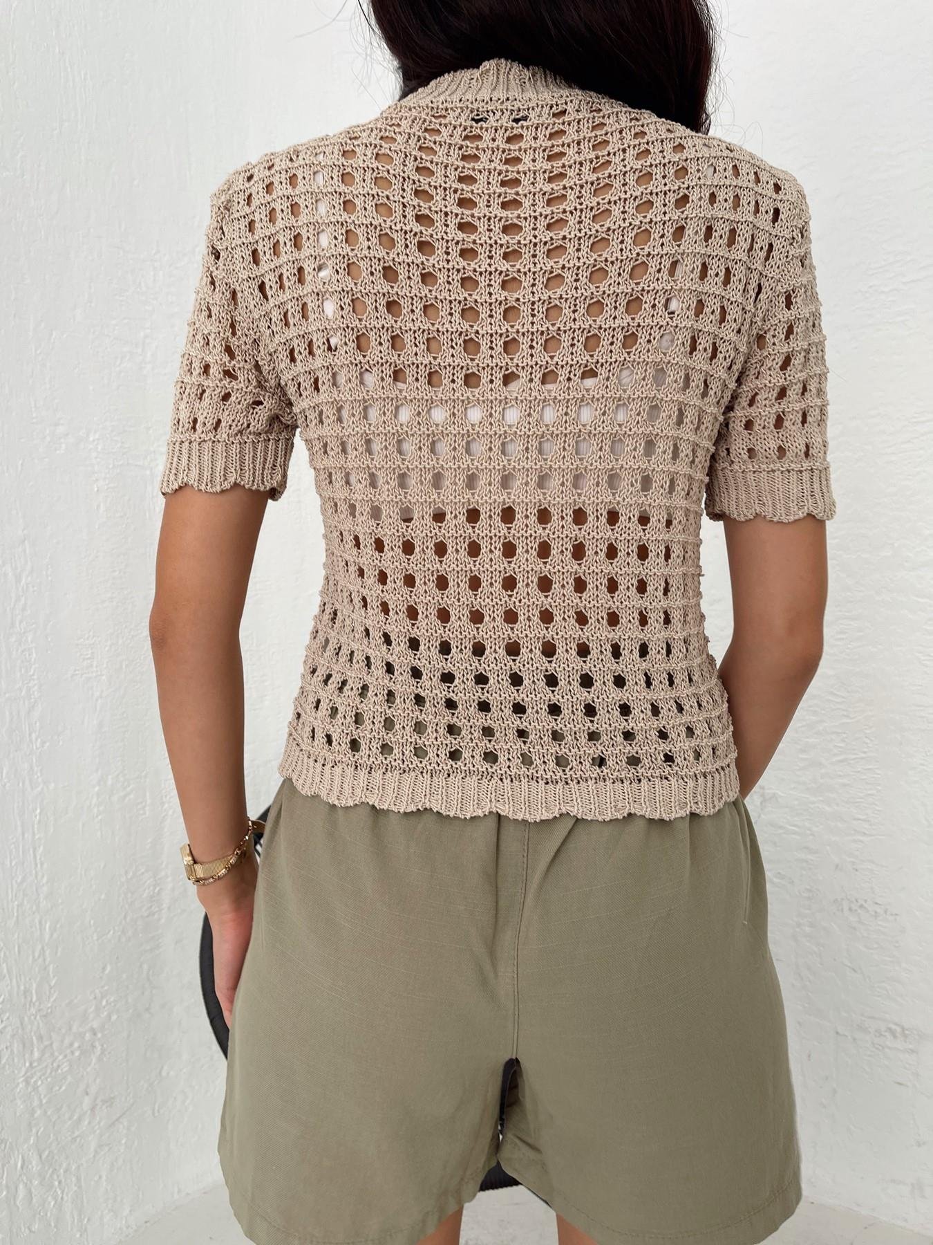 Dik Yaka Ajurlu Kısa Kol Triko TAŞ