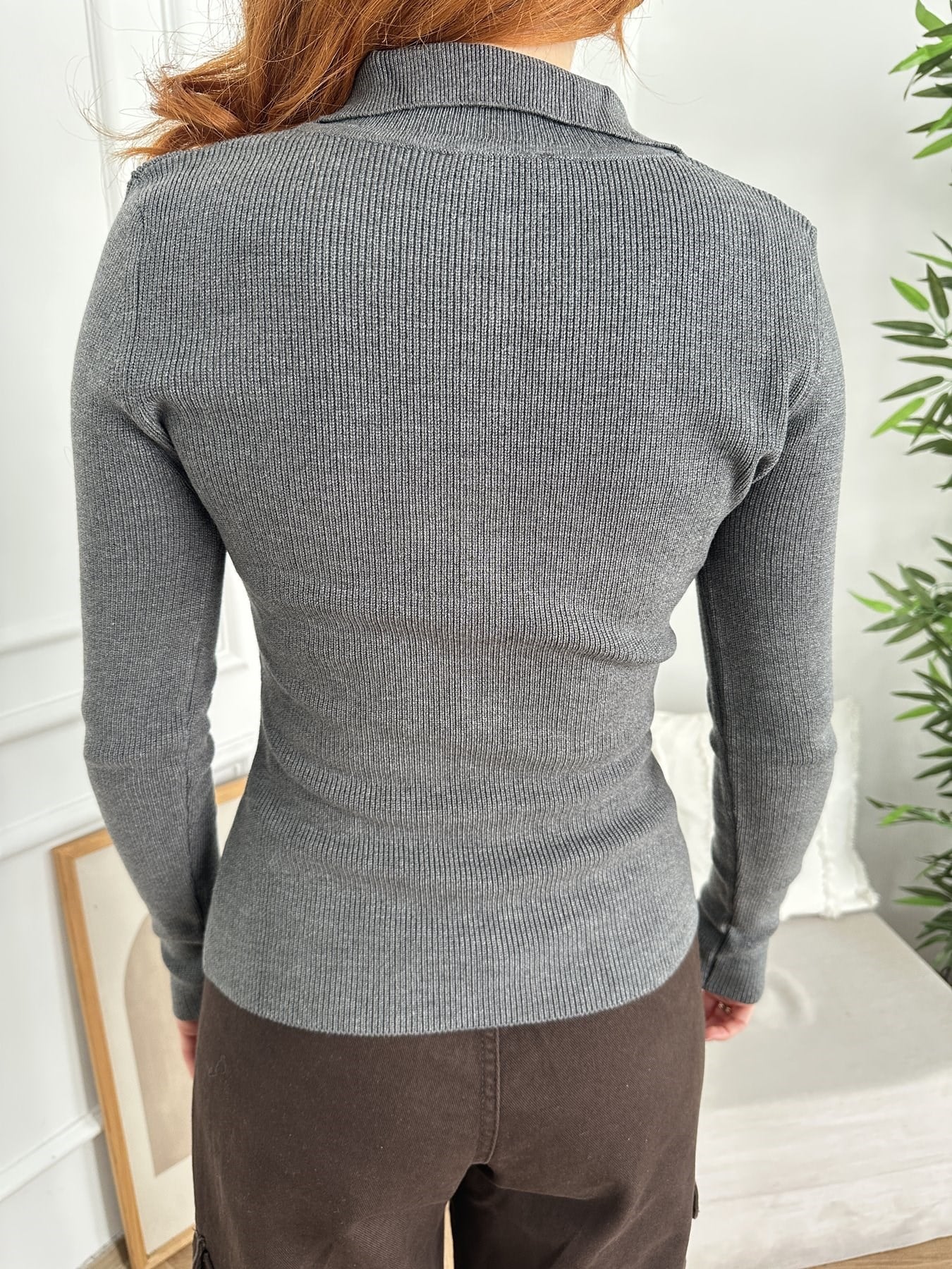 Dik Yaka Çıtçıtlı Triko Füme