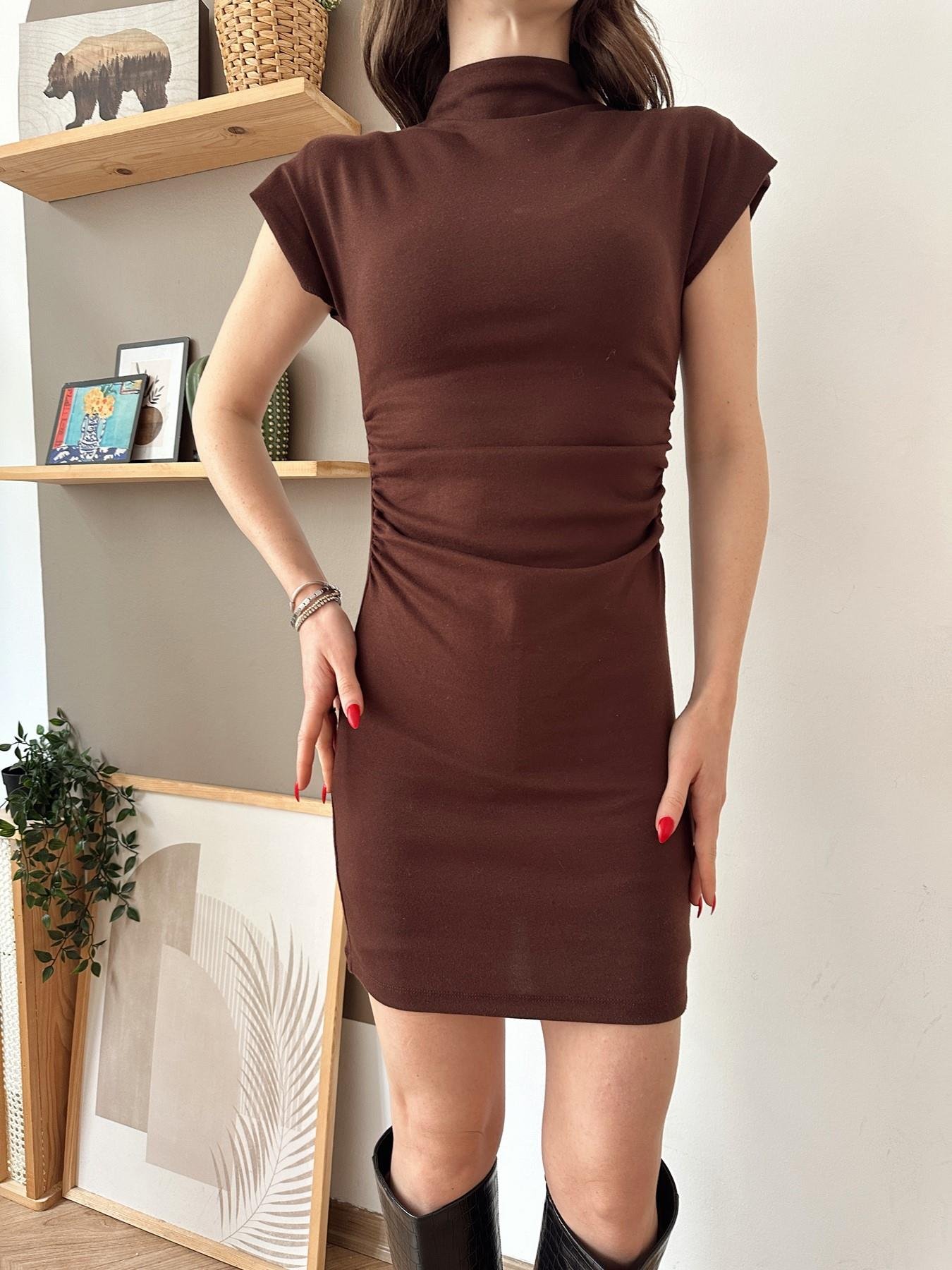 Dik Yaka Mini Elbise KAHVE