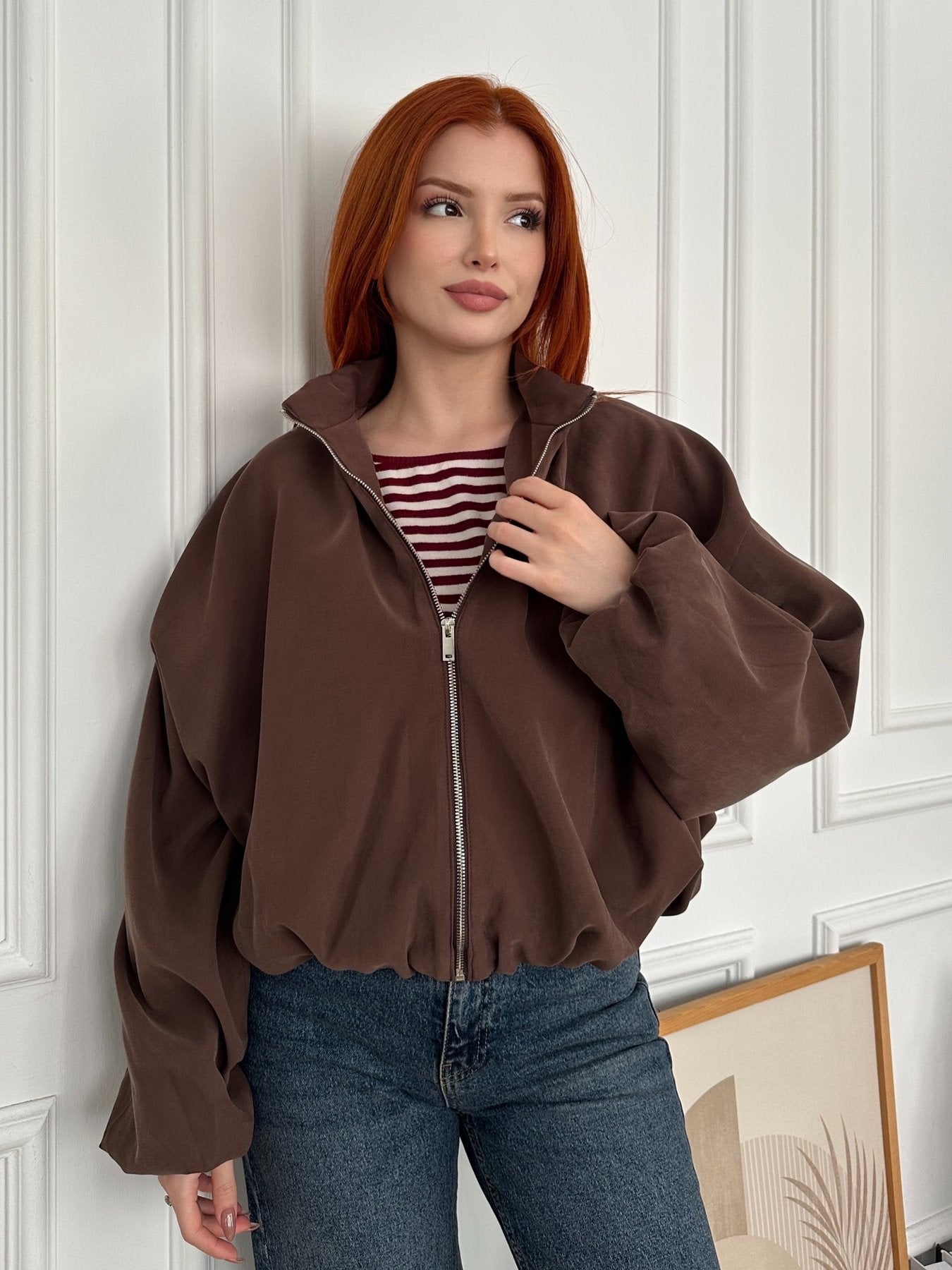 Dik Yaka Oversize Balon Mont Kahve