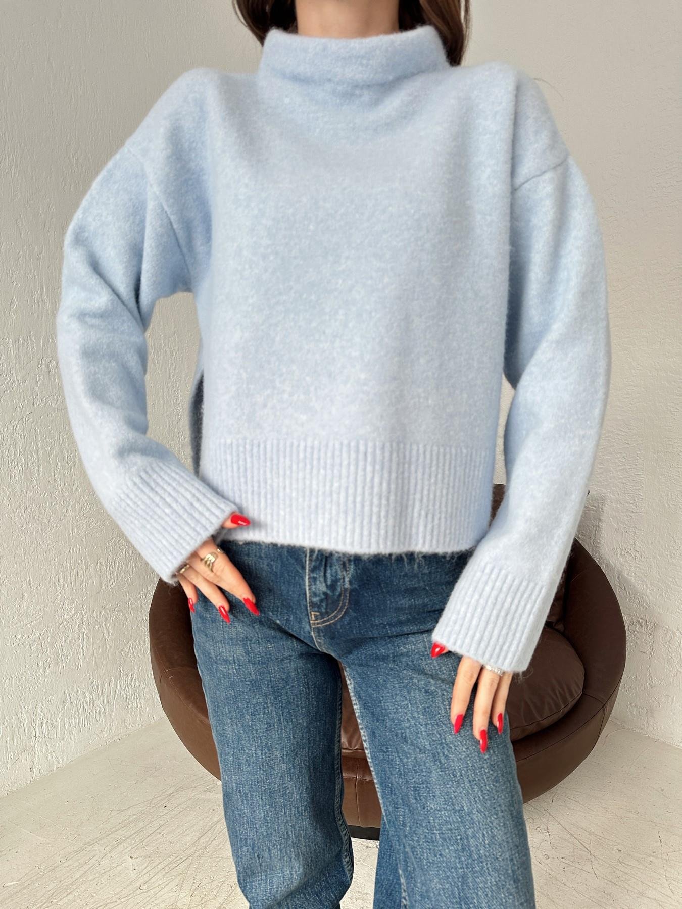 Dik Yaka Yumoş Yırtmaçlı Kazak MAVİ