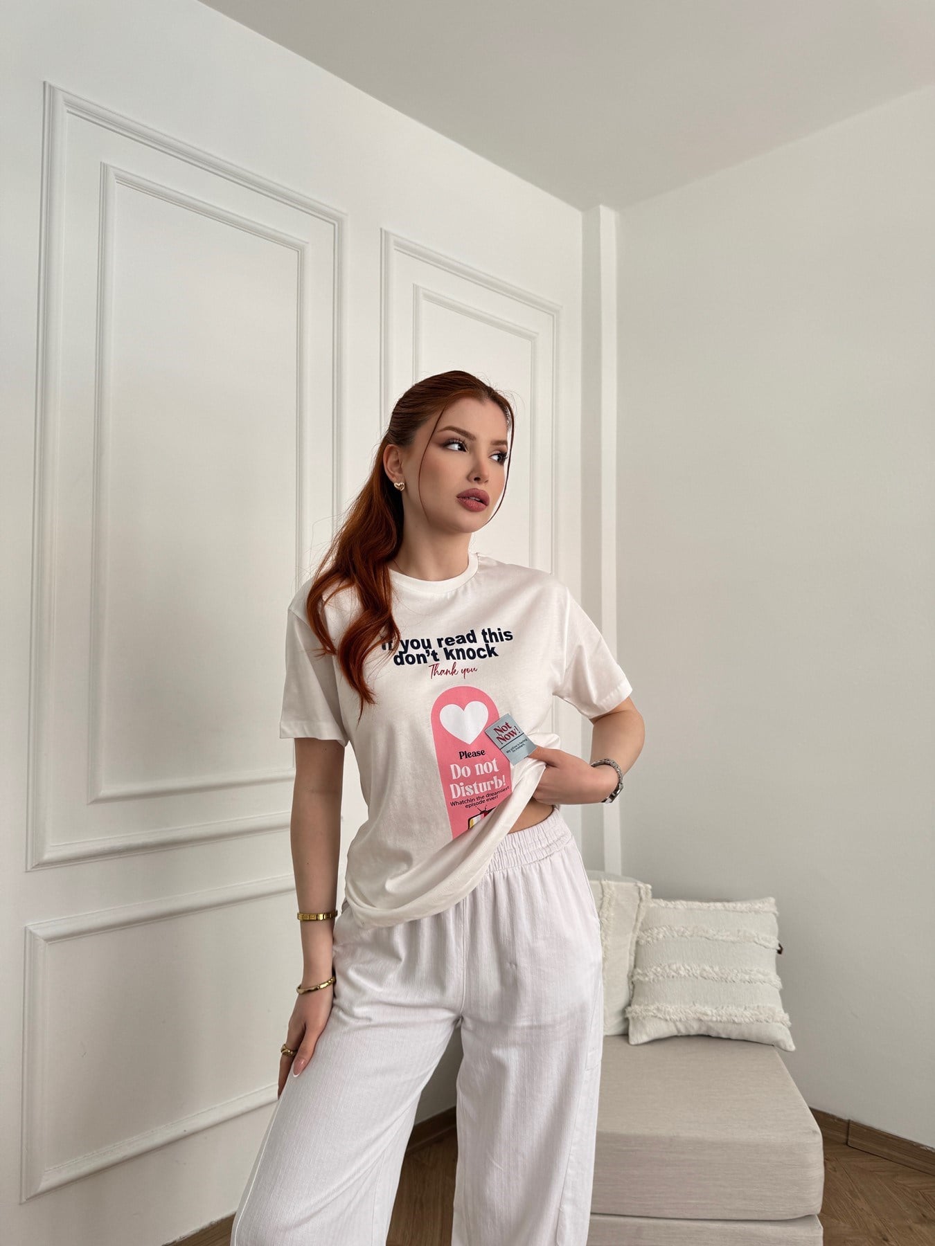Do Not Disturb Baskılı T-shirt Ekru