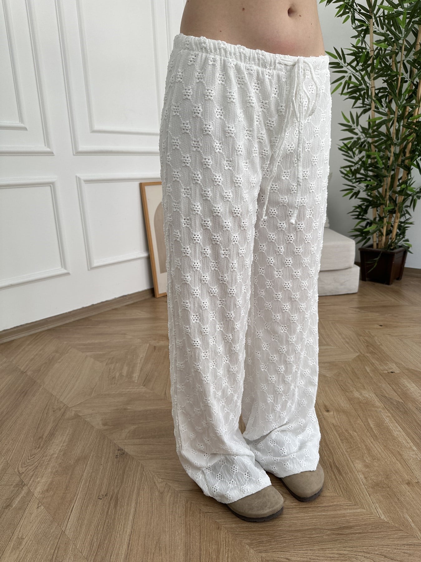 Dokulu Bol Paça Pantolon Ekru