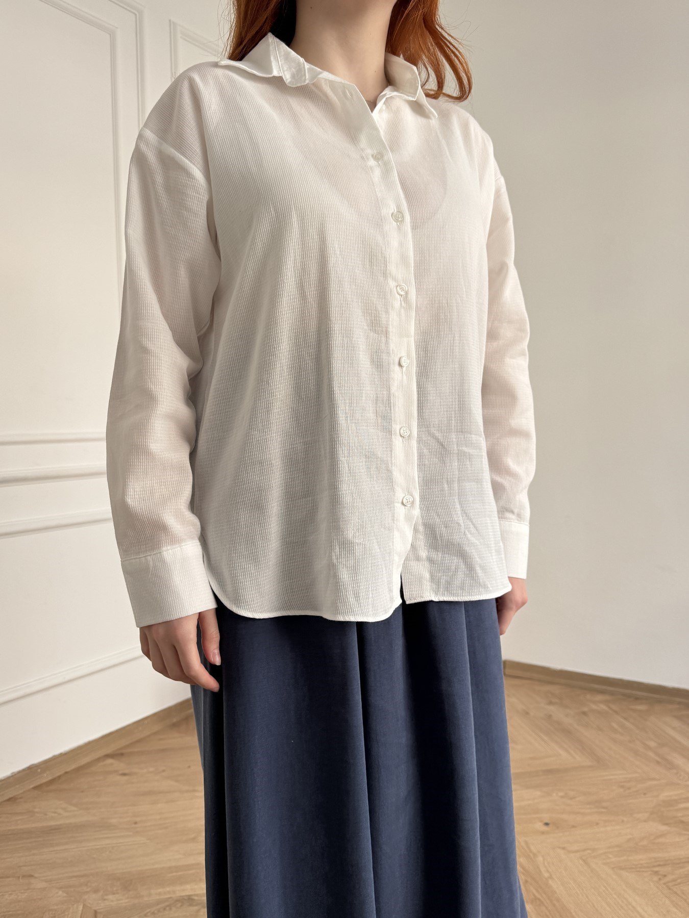 Dokulu Oversize Gömlek Ekru