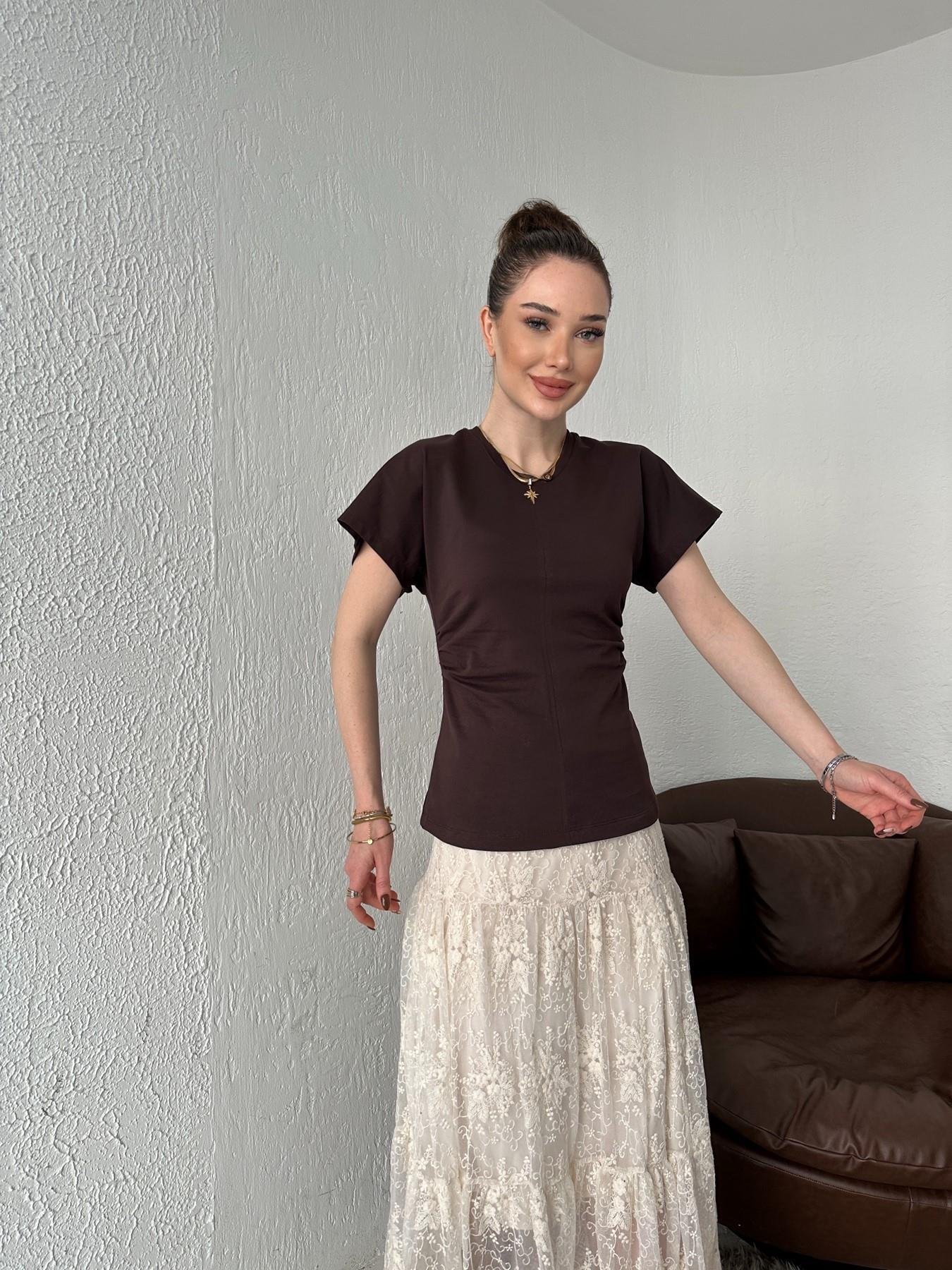 Drape Detay Tişört KOYU KAHVE