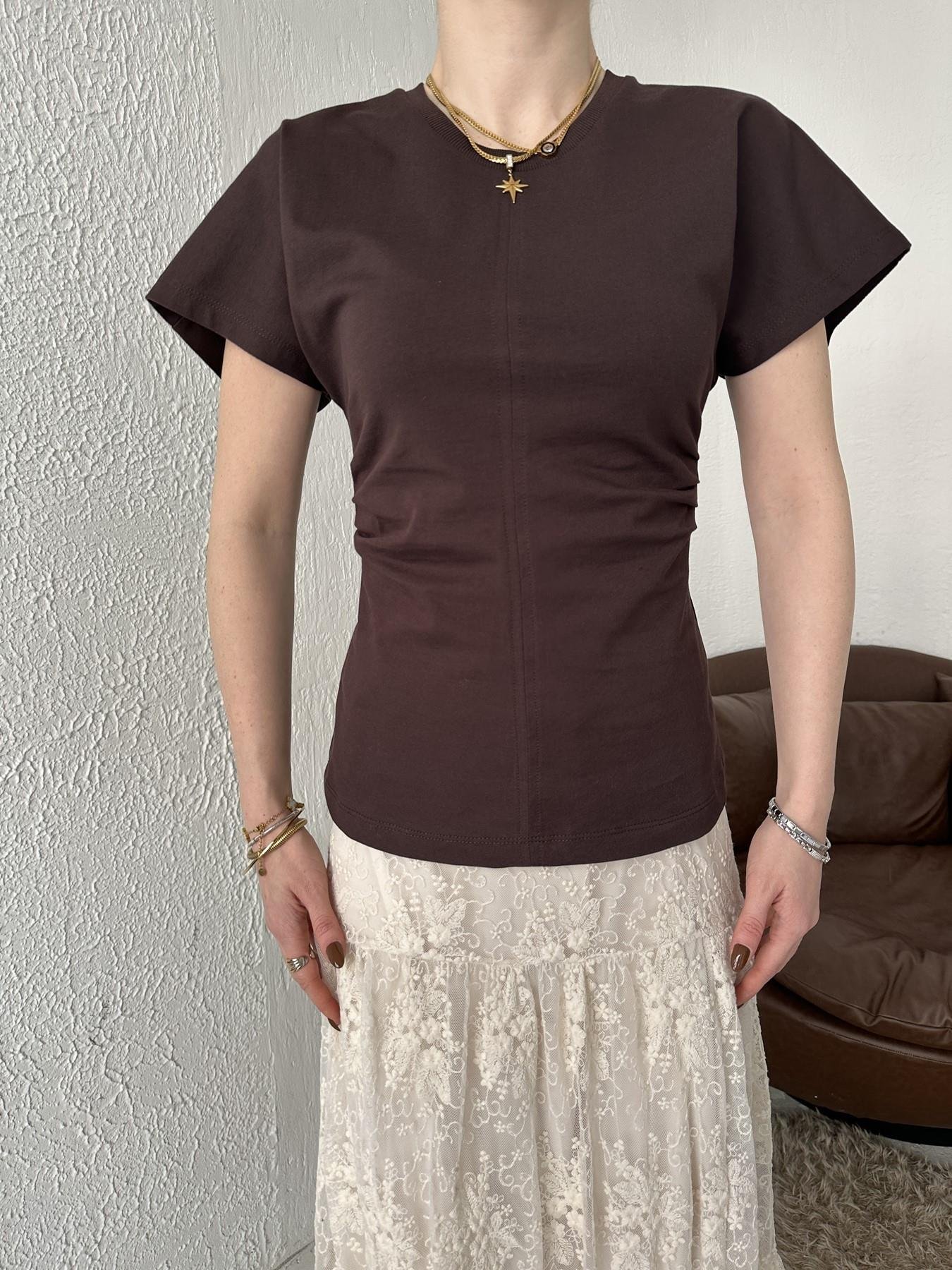 Drape Detay Tişört KOYU KAHVE