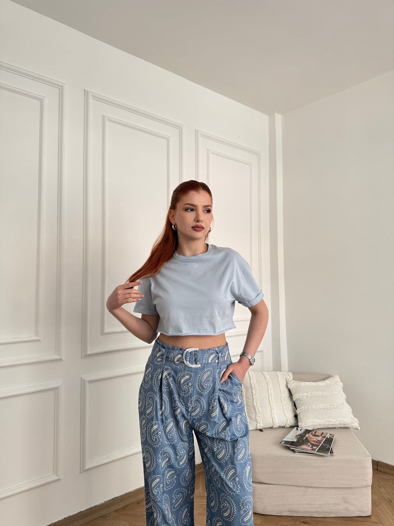 Duble Kol Crop Tişört Mavi