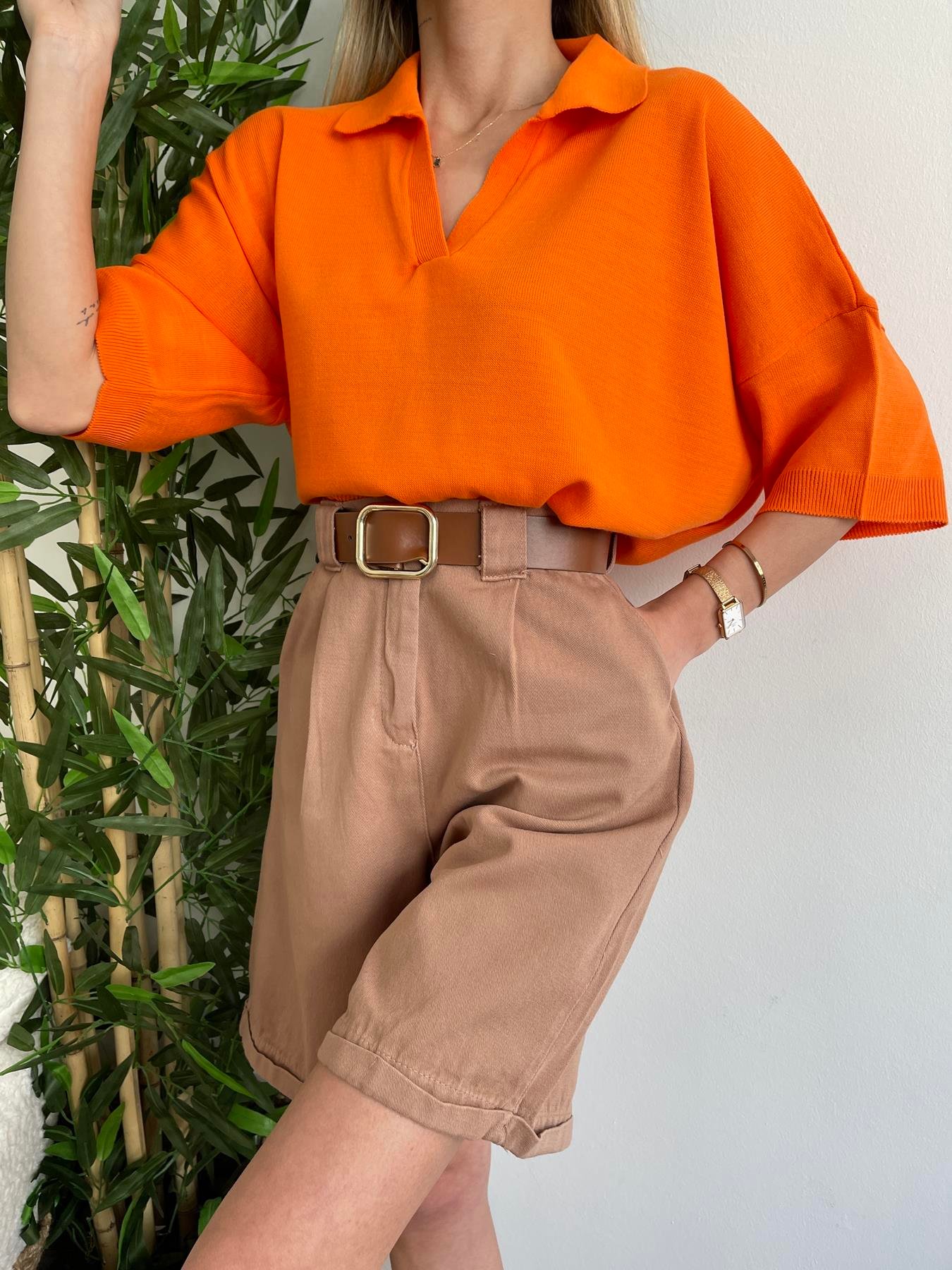 Duble Paça Kemerli Bermuda CAMEL