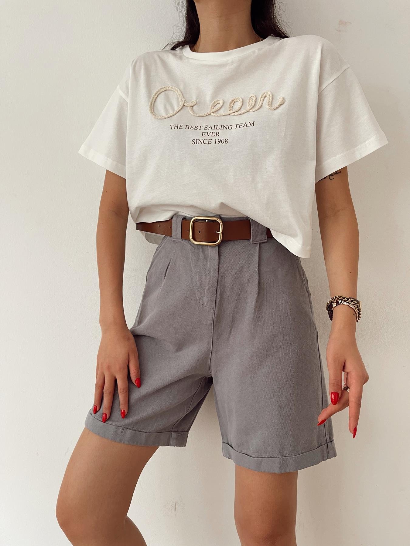 Duble Paça Kemerli Bermuda GRİ