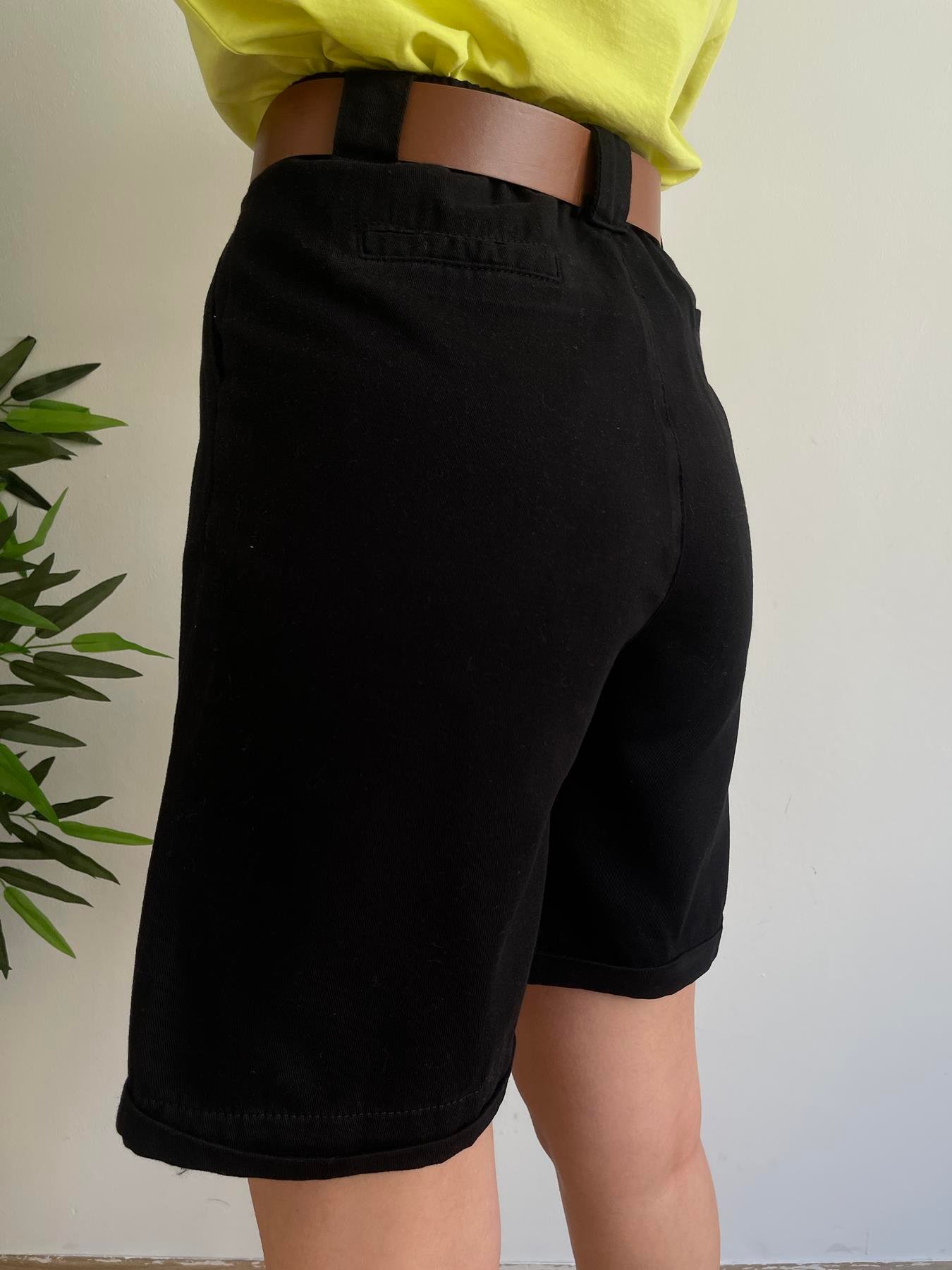 Duble Paça Kemerli Bermuda SİYAH