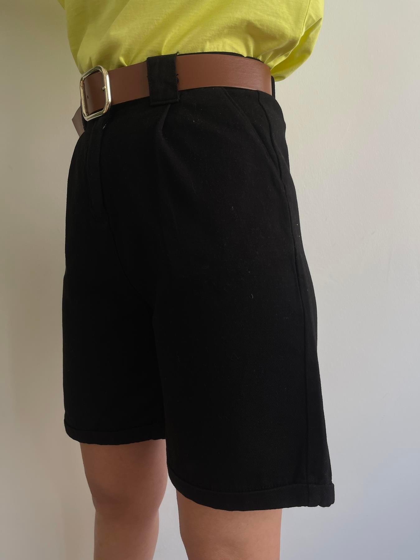 Duble Paça Kemerli Bermuda SİYAH