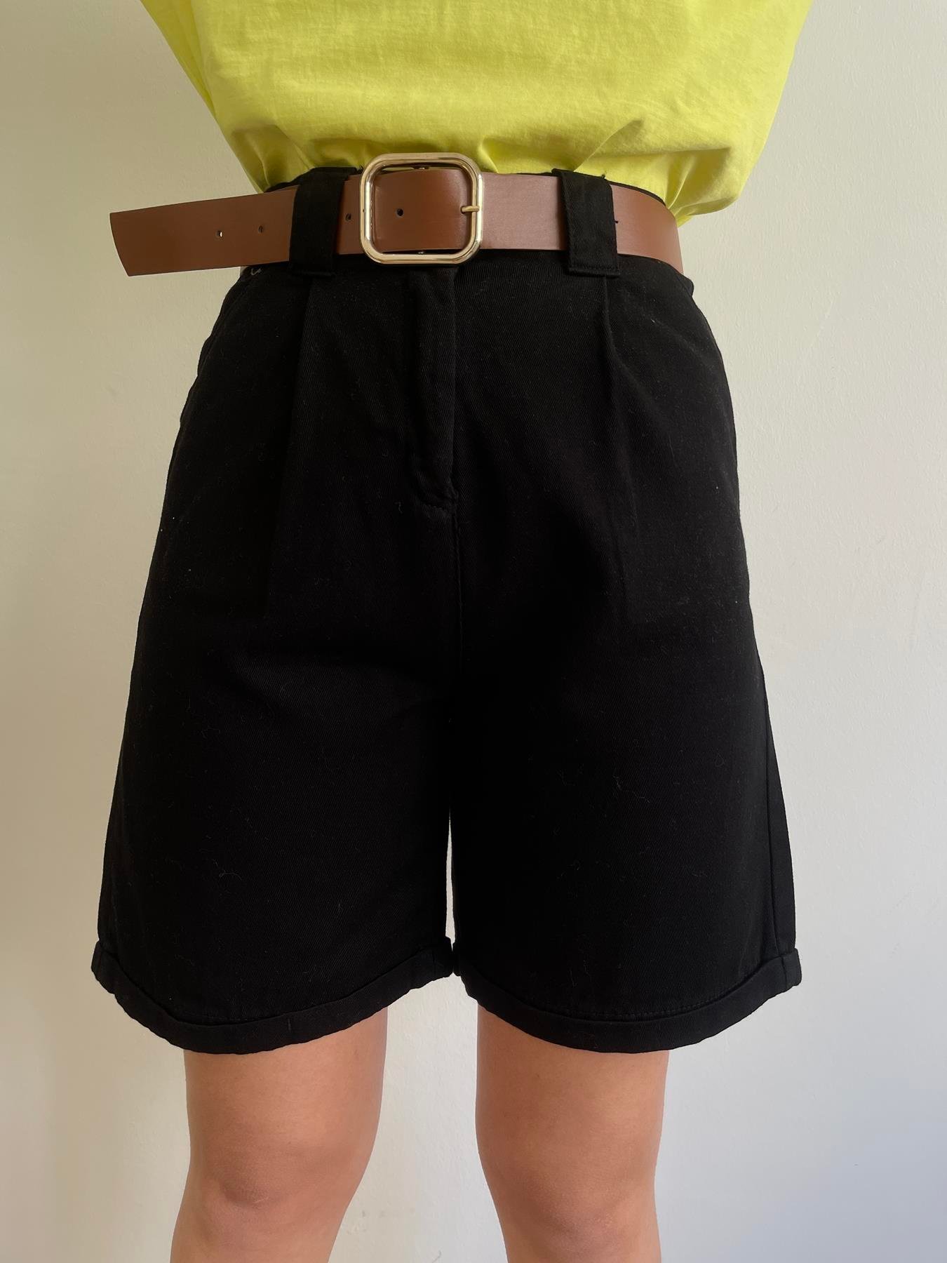 Duble Paça Kemerli Bermuda SİYAH