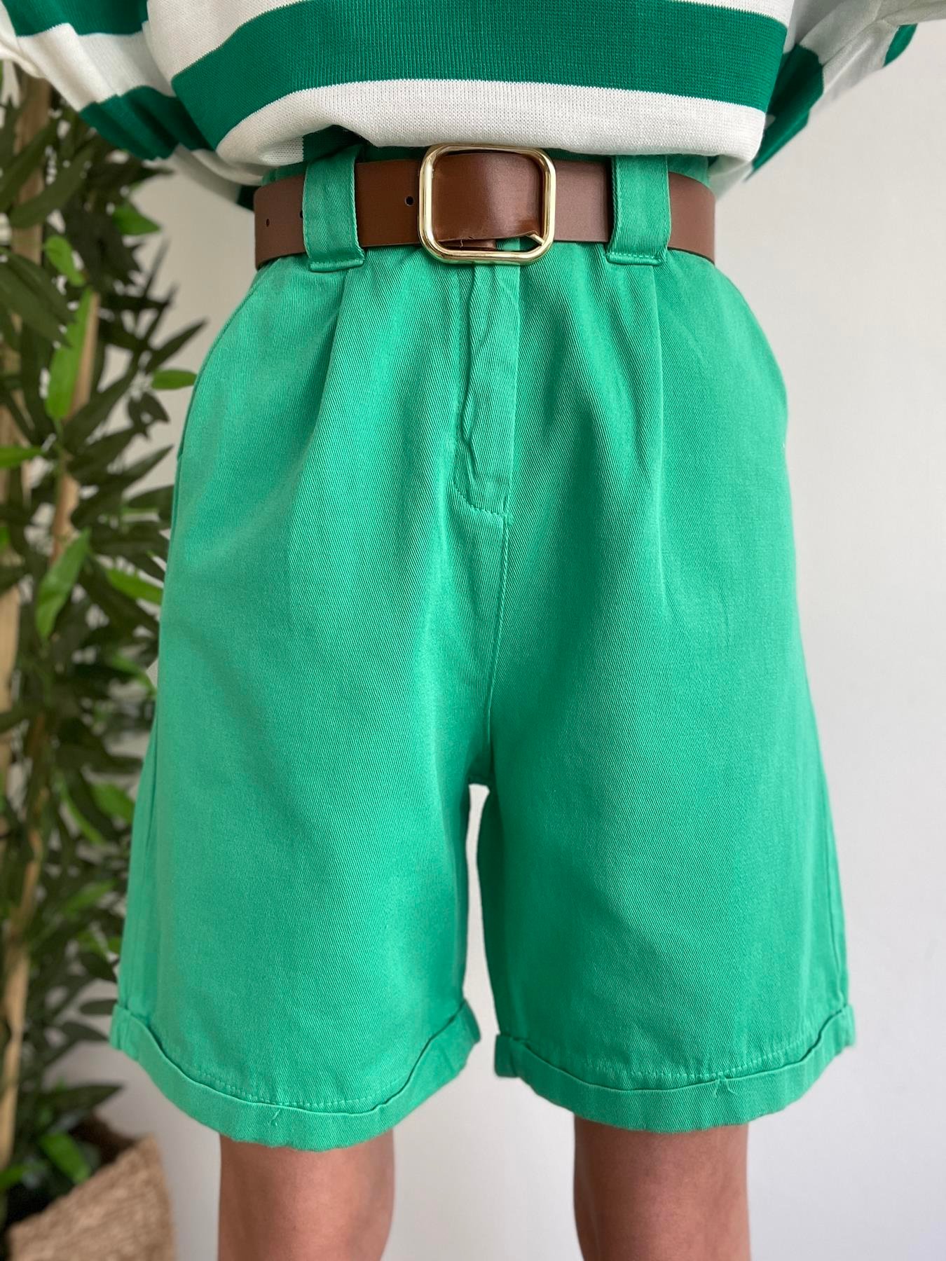 Duble Paça Kemerli Bermuda YEŞİL