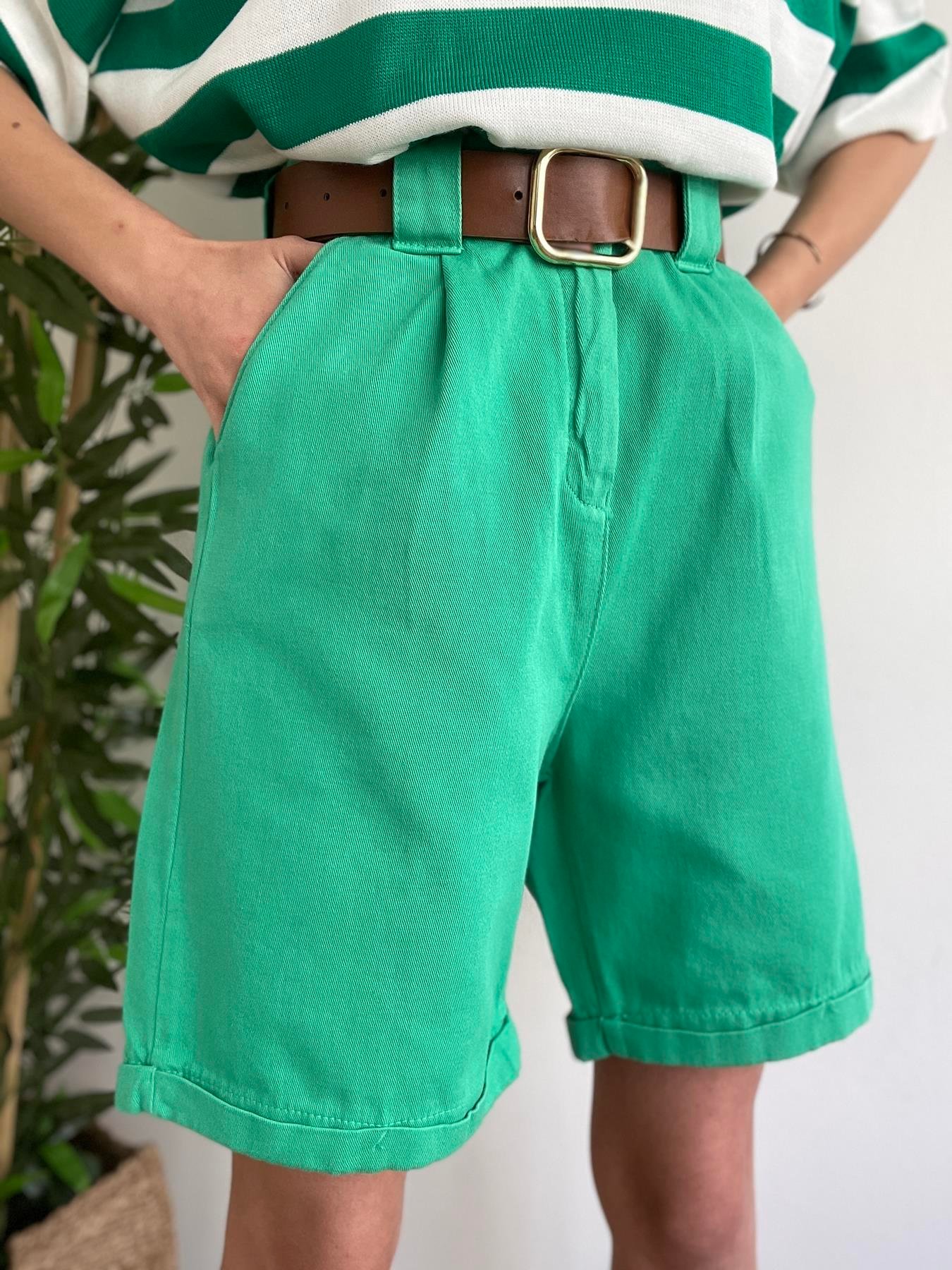 Duble Paça Kemerli Bermuda YEŞİL