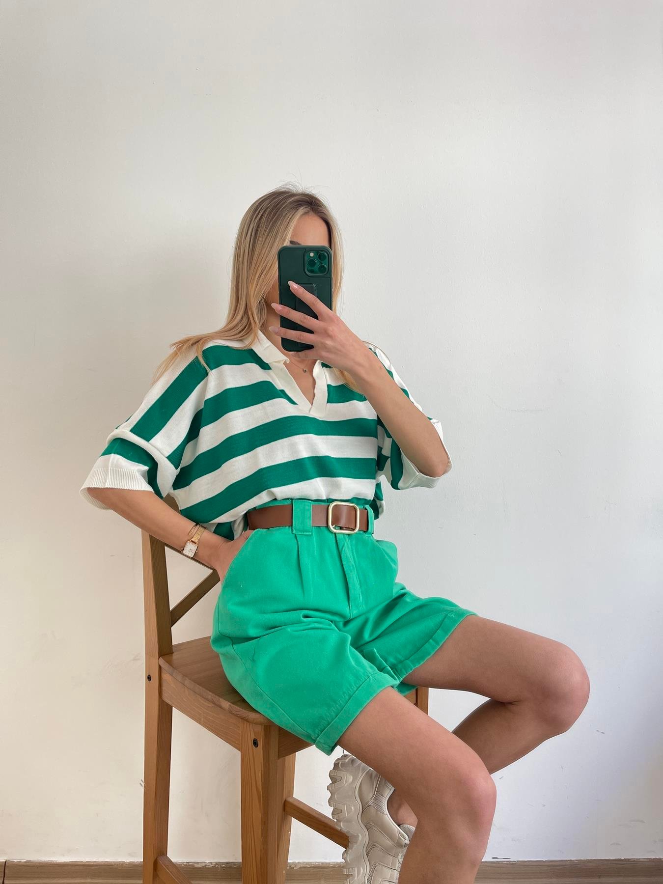 Duble Paça Kemerli Bermuda YEŞİL