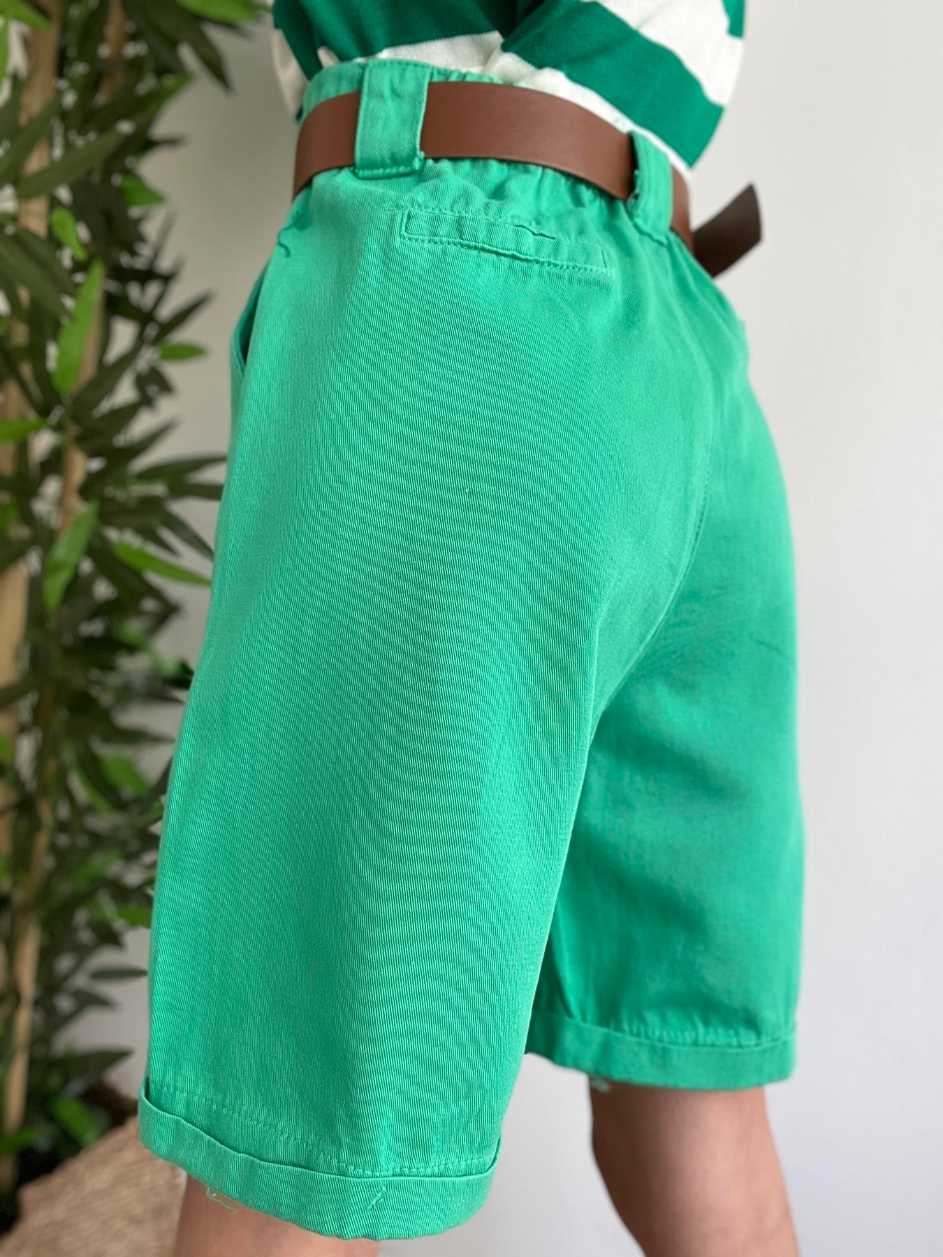 Duble Paça Kemerli Bermuda YEŞİL