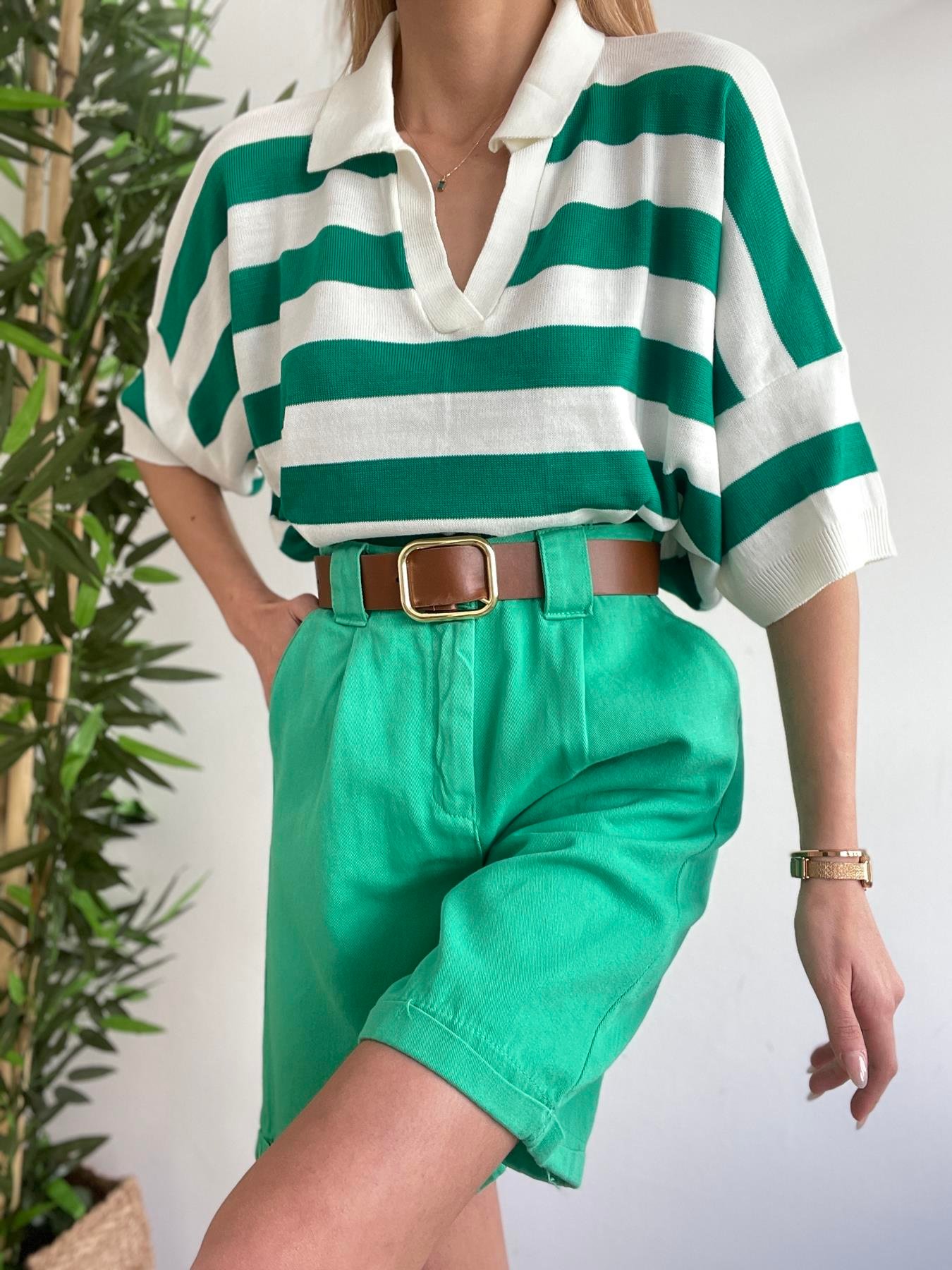 Duble Paça Kemerli Bermuda YEŞİL