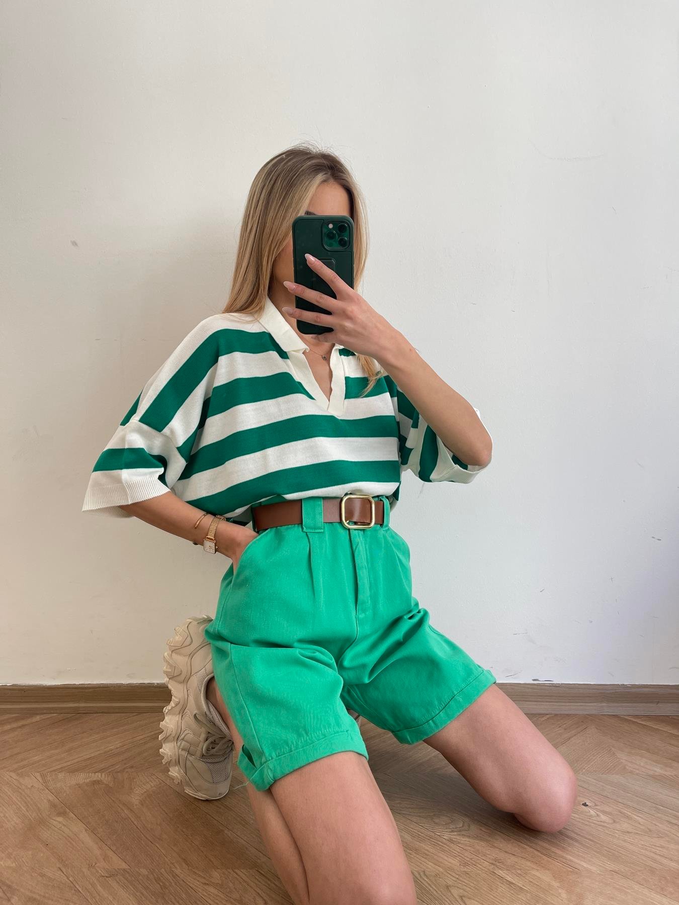 Duble Paça Kemerli Bermuda YEŞİL