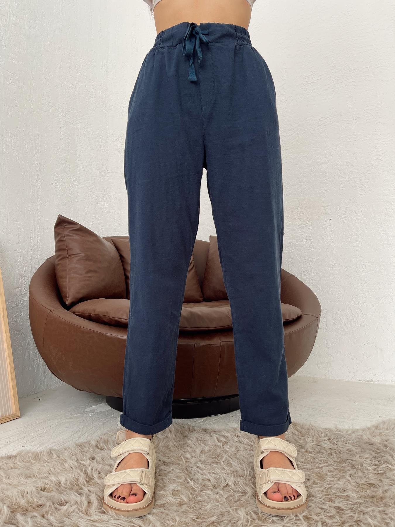 Duble Paça Keten Pantolon LACİVERT