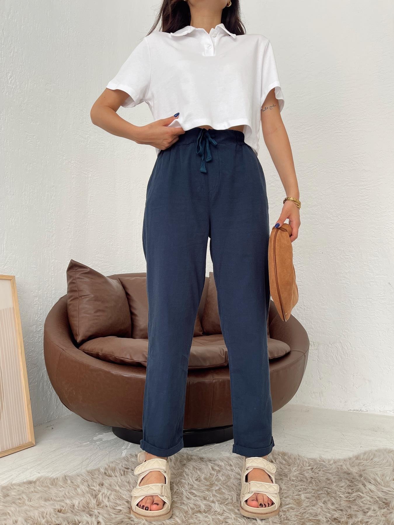 Duble Paça Keten Pantolon LACİVERT