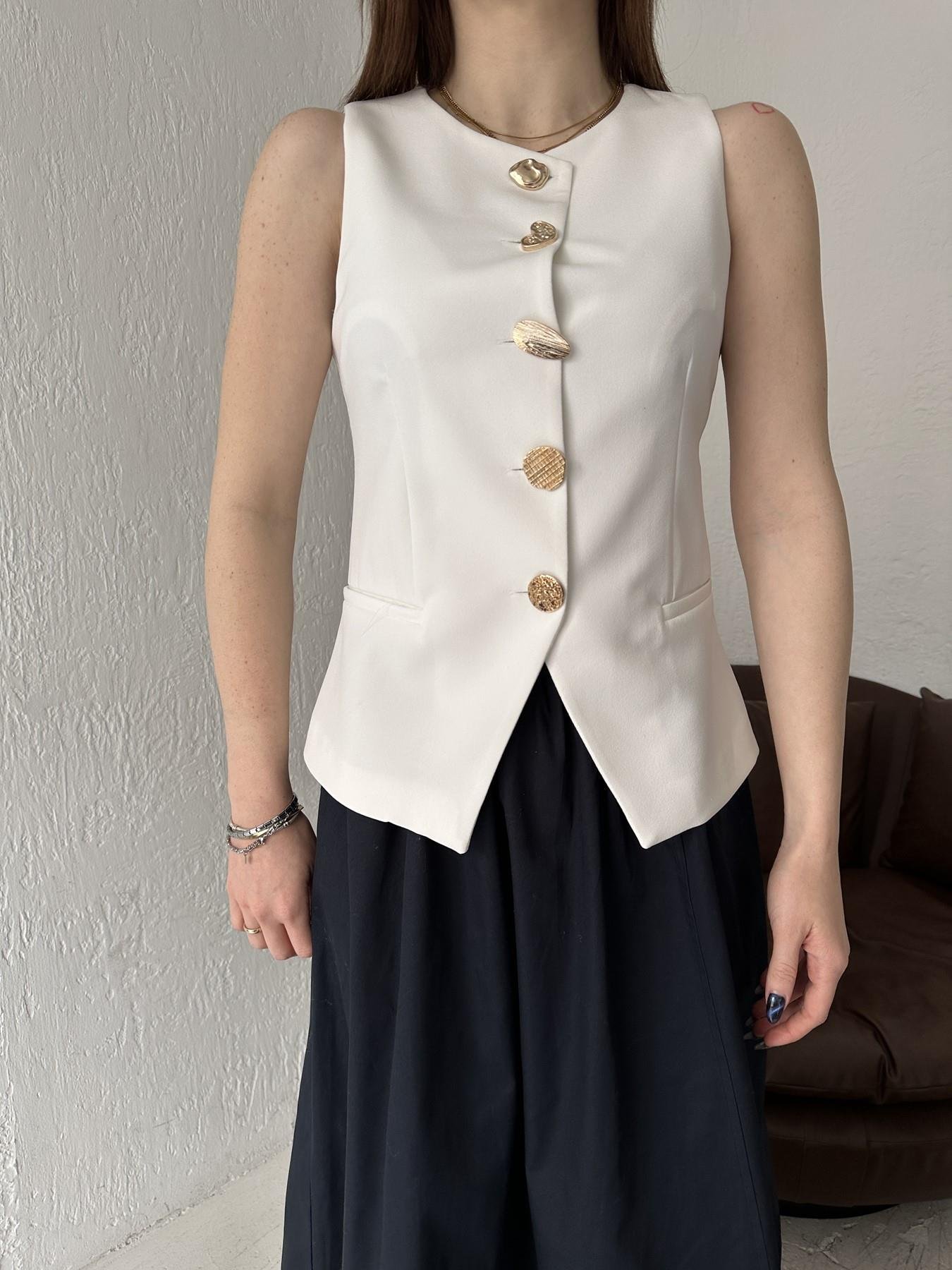 Düğme Detay Yelek BEYAZ