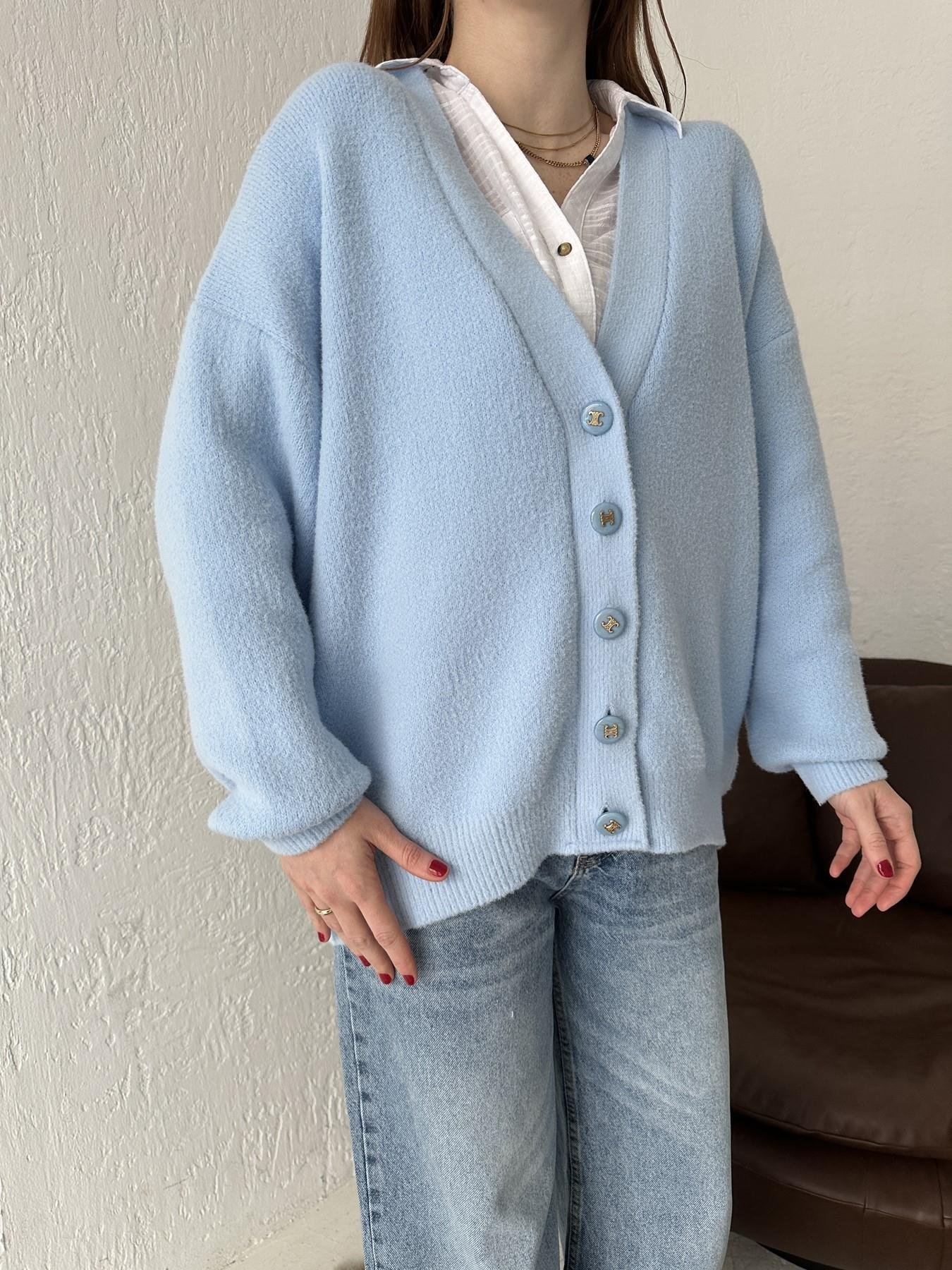 Düğme Detay Yumoş Hırka MAVİ