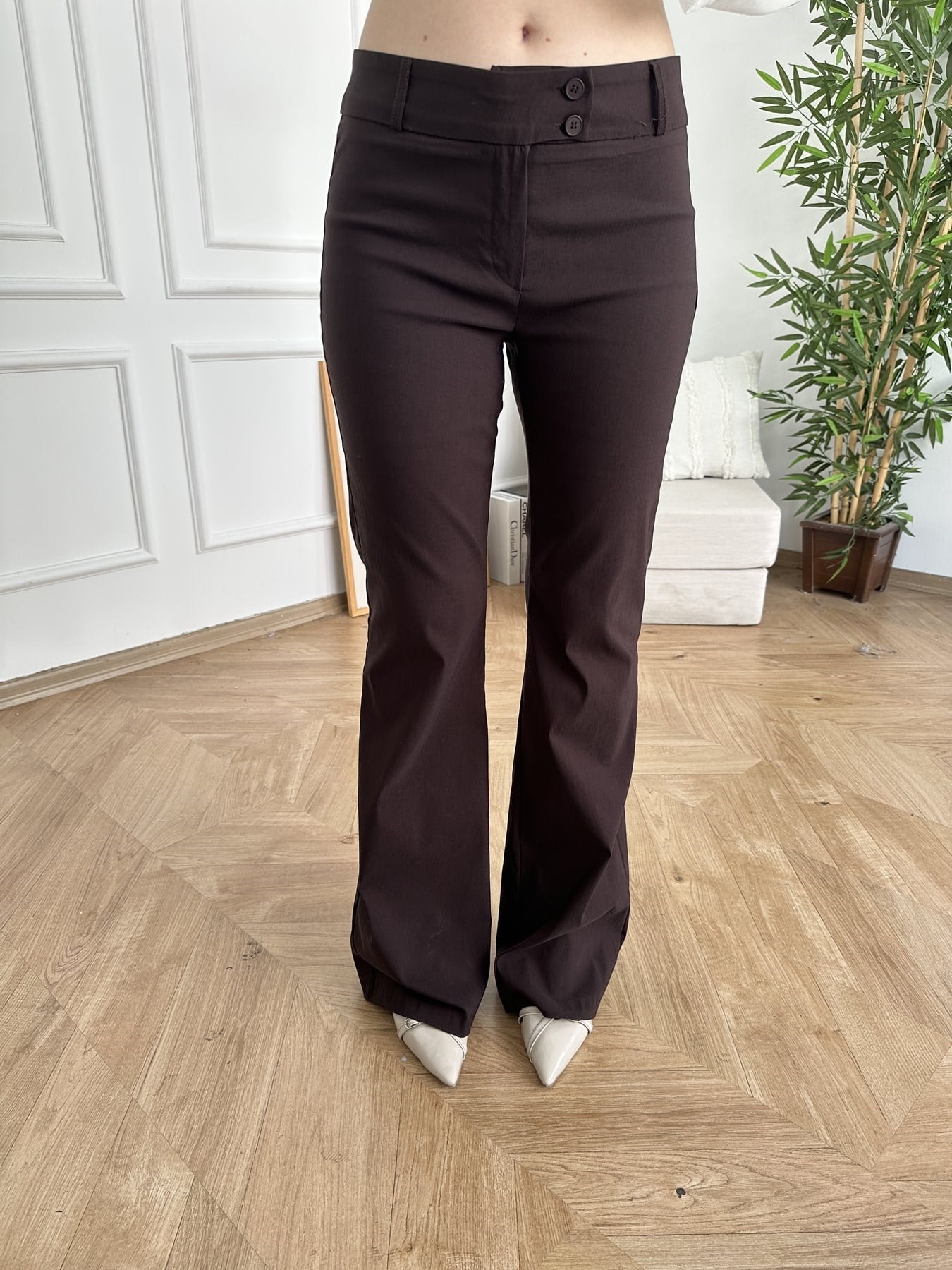 Düğme Detaylı Bol Paça Pantolon Kahve