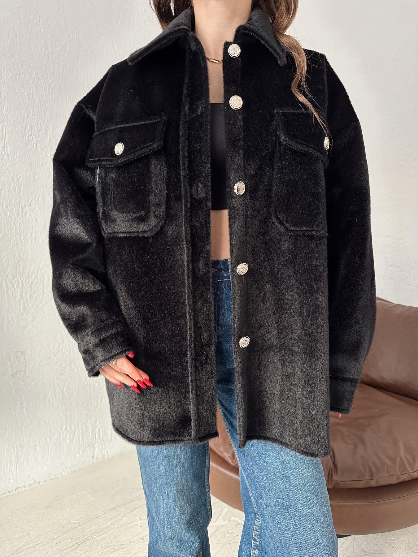 Düğmeli Kaşe Kürk Gömlek Ceket SİYAH