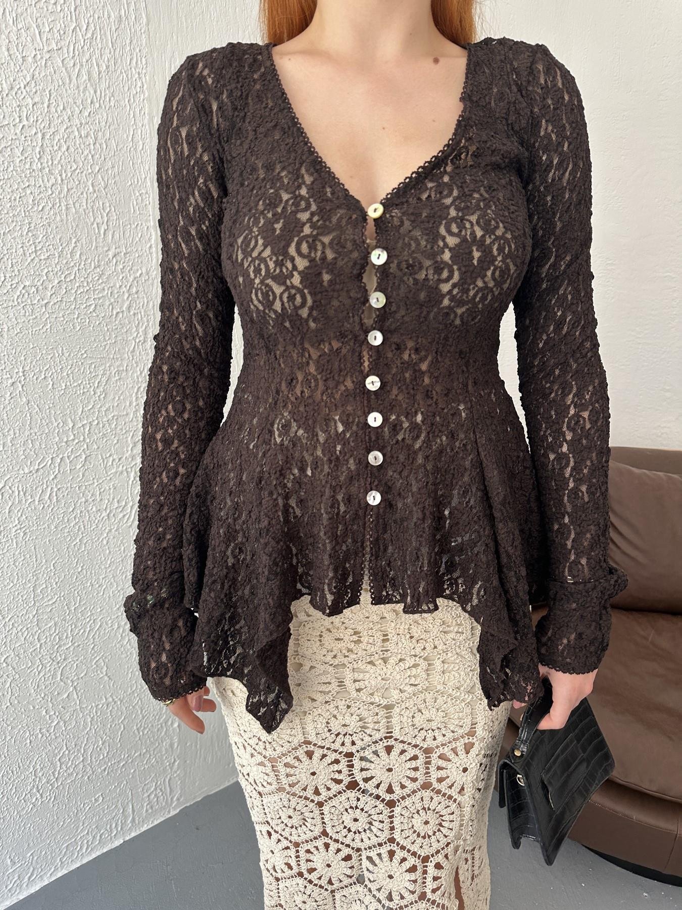 Düğmeli Peplum Dantel Hırka Koyu kahve