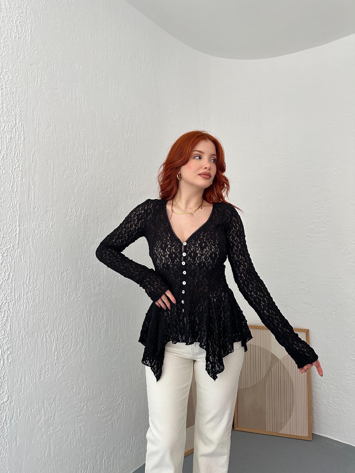 Düğmeli Peplum Dantel Hırka Siyah