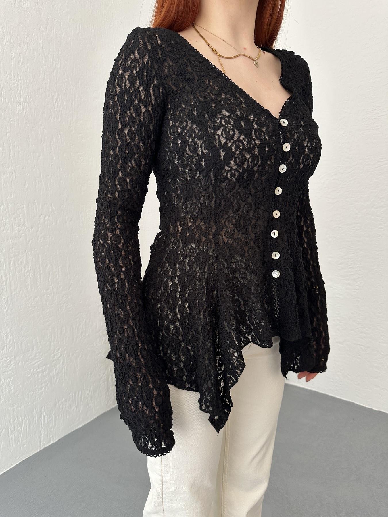 Düğmeli Peplum Dantel Hırka Siyah