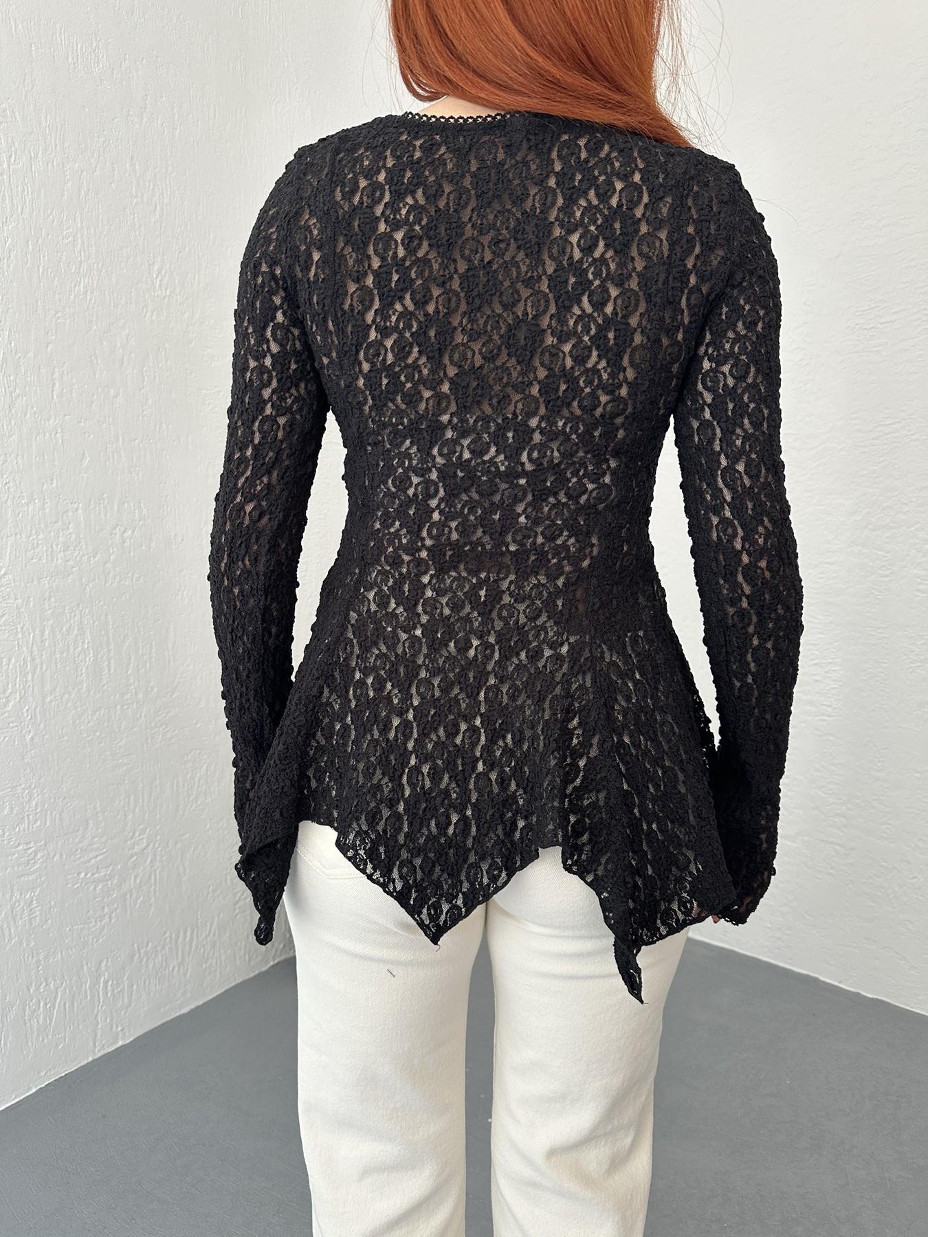 Düğmeli Peplum Dantel Hırka Siyah