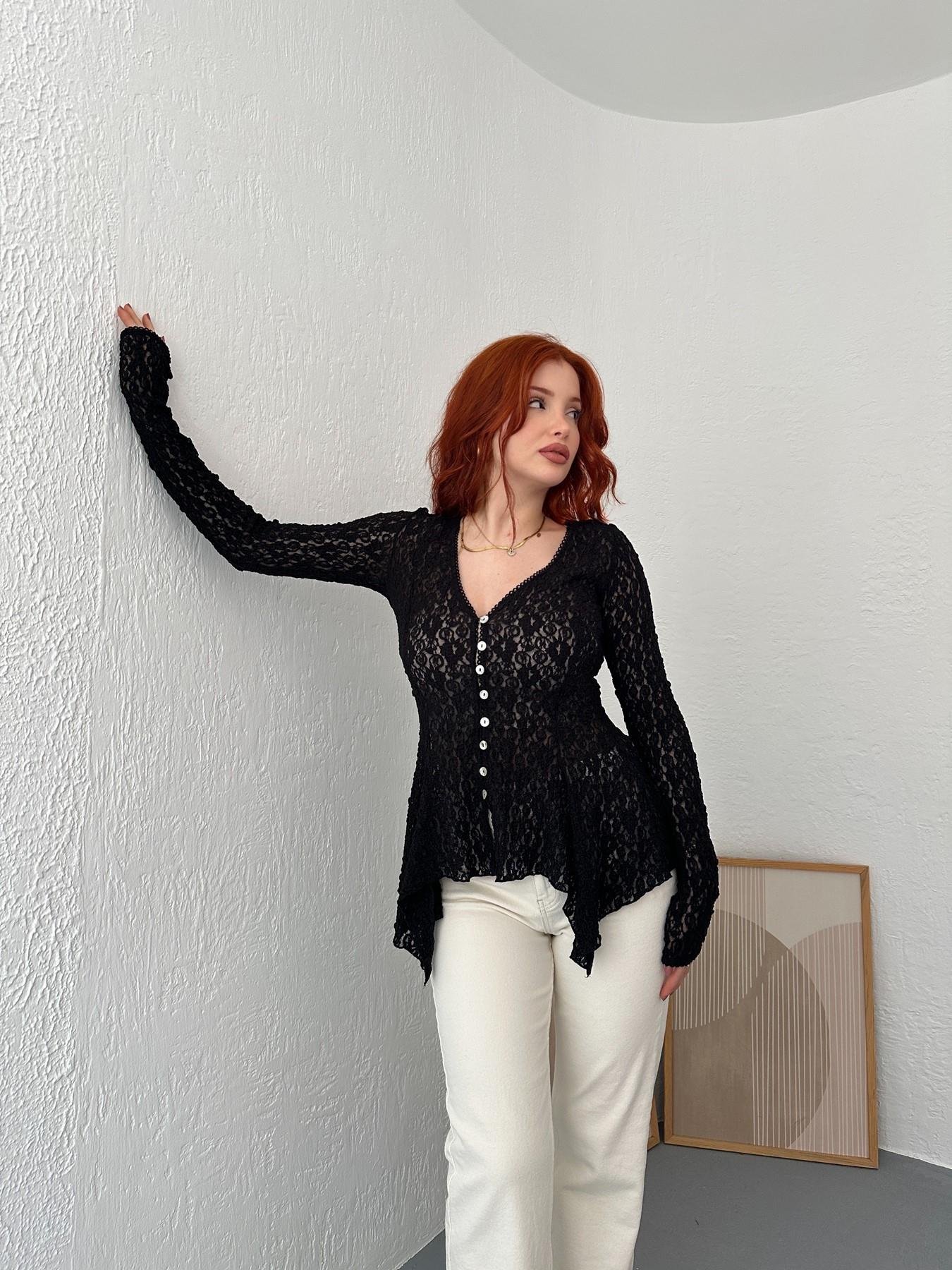 Düğmeli Peplum Dantel Hırka Siyah