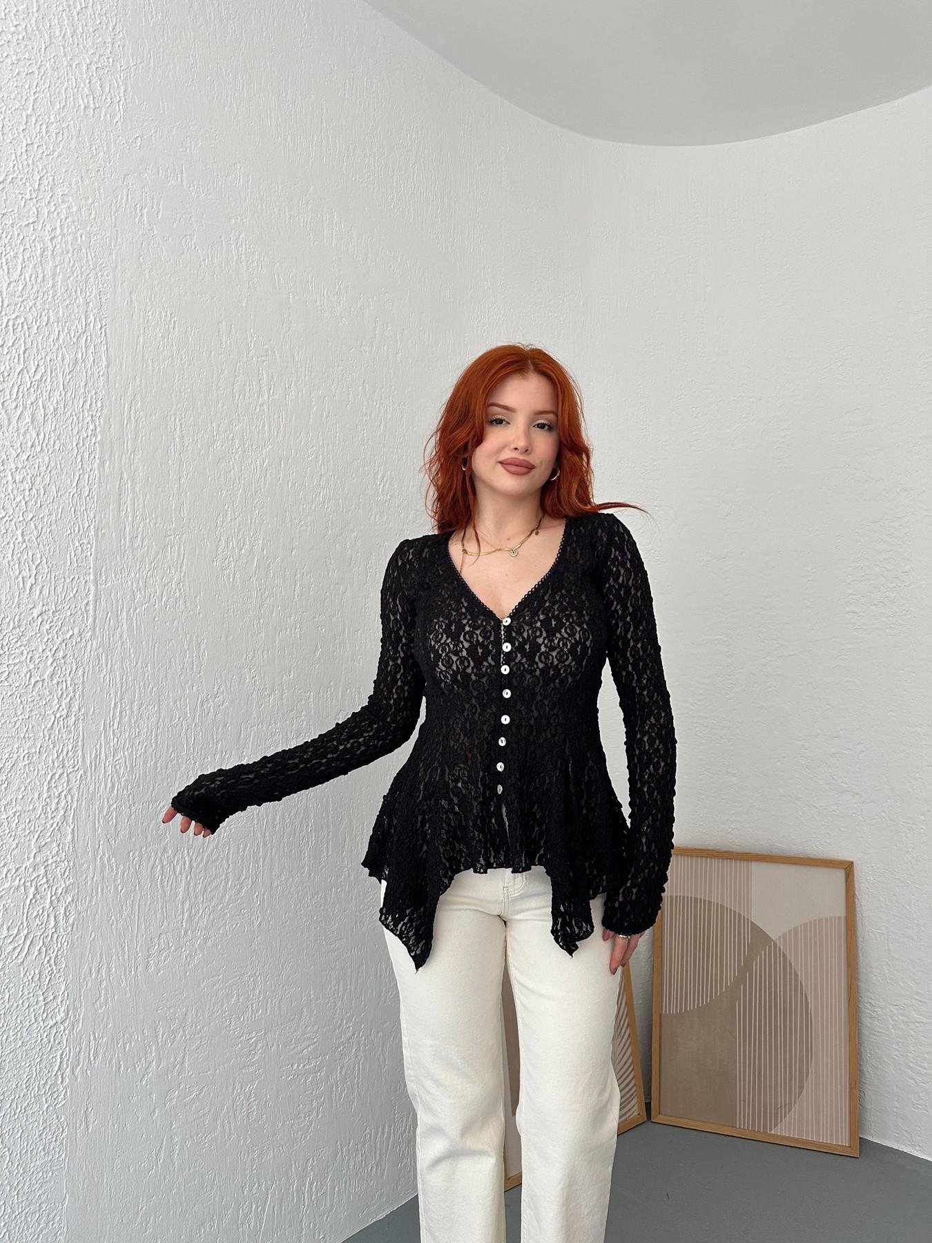 Düğmeli Peplum Dantel Hırka Siyah