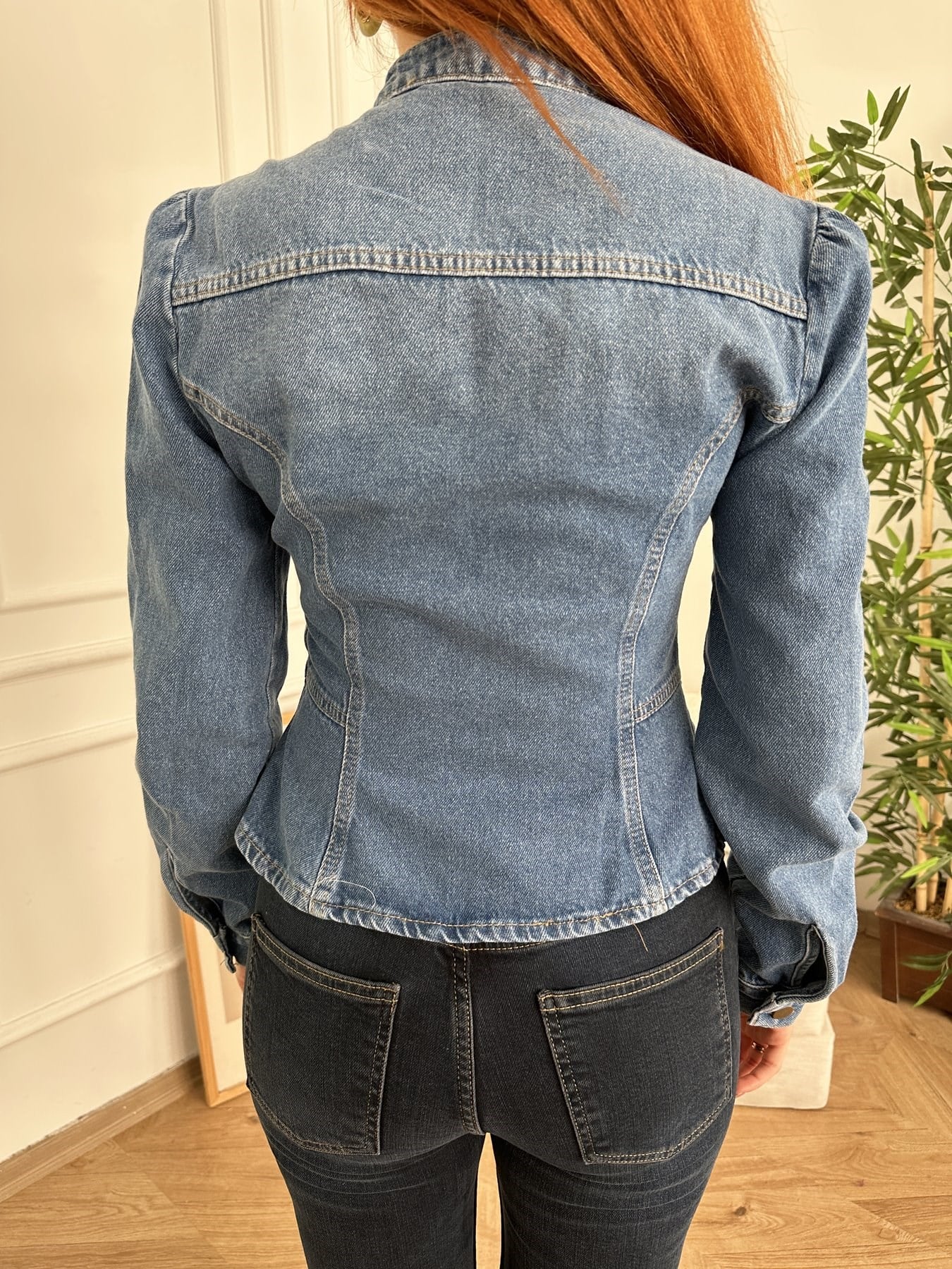 Düğmeli Peplum Jean Ceket Mavi