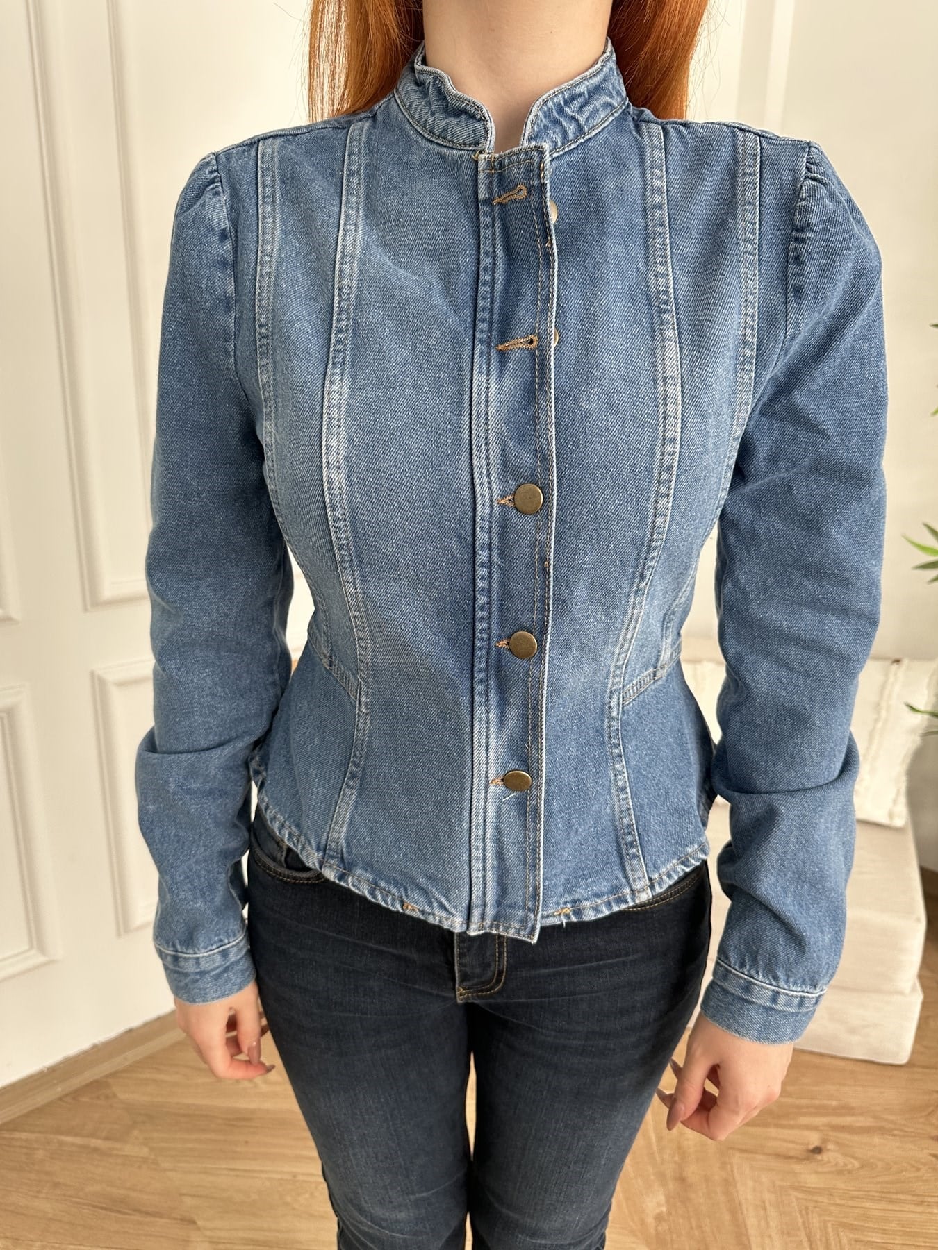 Düğmeli Peplum Jean Ceket Mavi