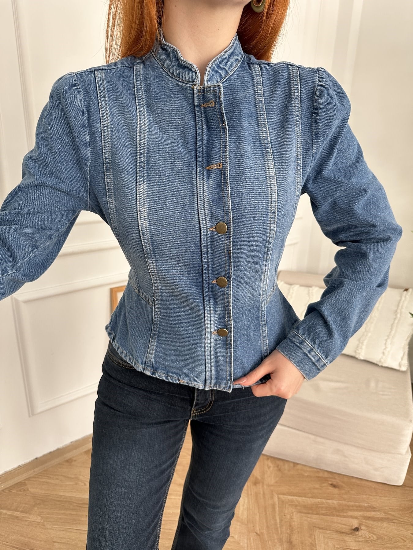 Düğmeli Peplum Jean Ceket Mavi