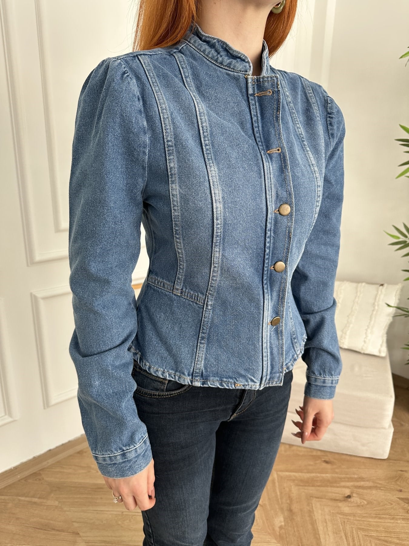 Düğmeli Peplum Jean Ceket Mavi