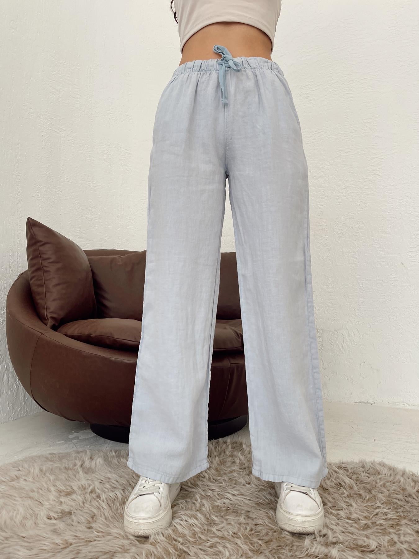 Düşük Bel Keten Pantolon Bebe mavi