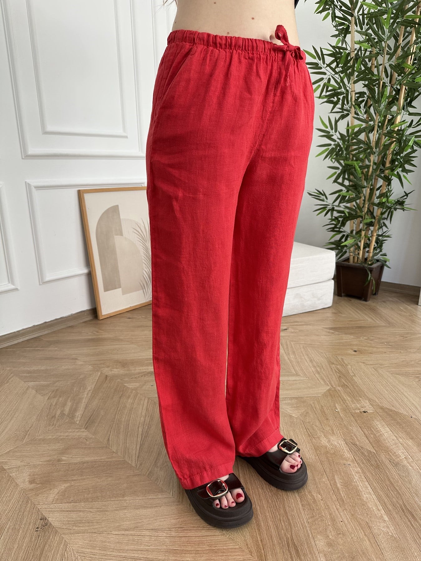 Düşük Bel Keten Pantolon Kırmızı