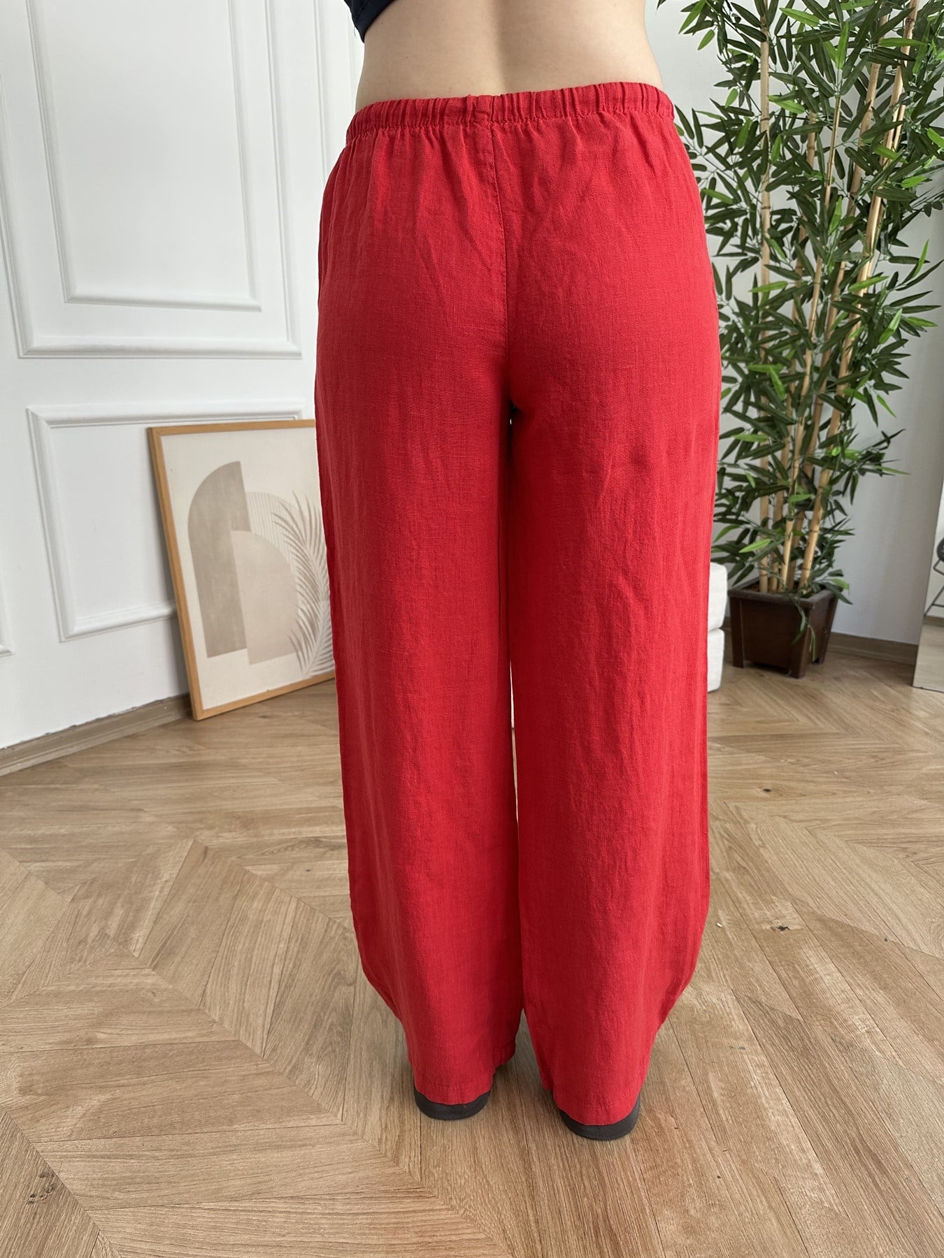Düşük Bel Keten Pantolon Kırmızı