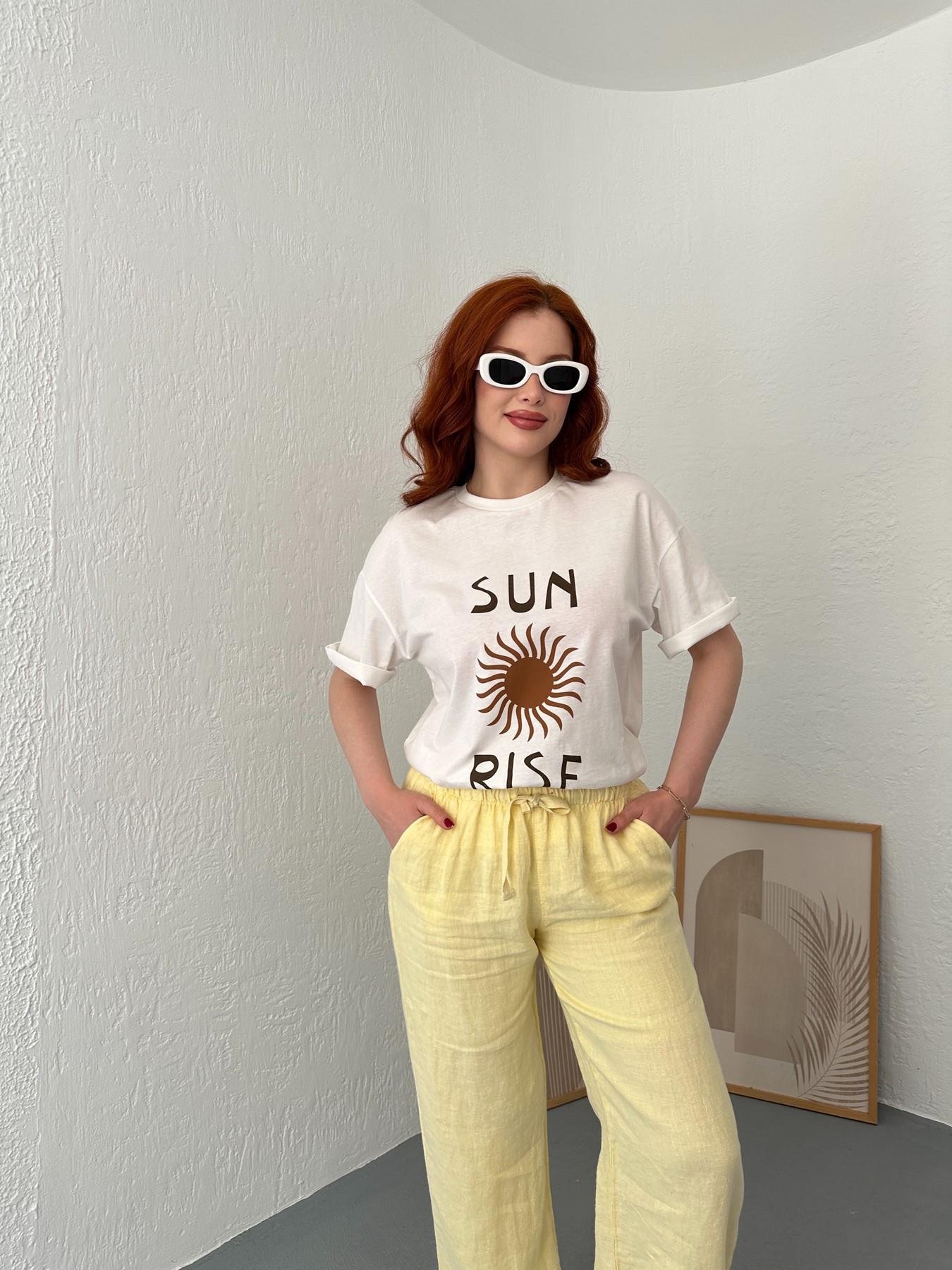 Düşük Kollu Baskılı Tişört Ekru