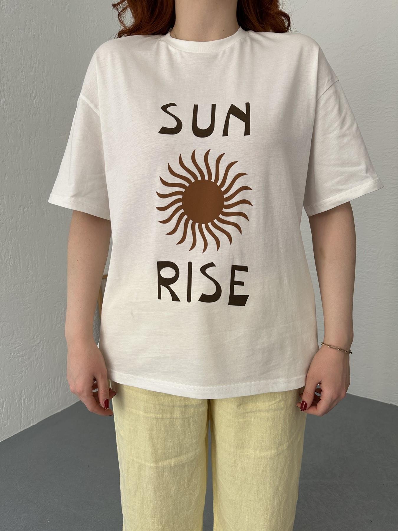 Düşük Kollu Baskılı Tişört Ekru