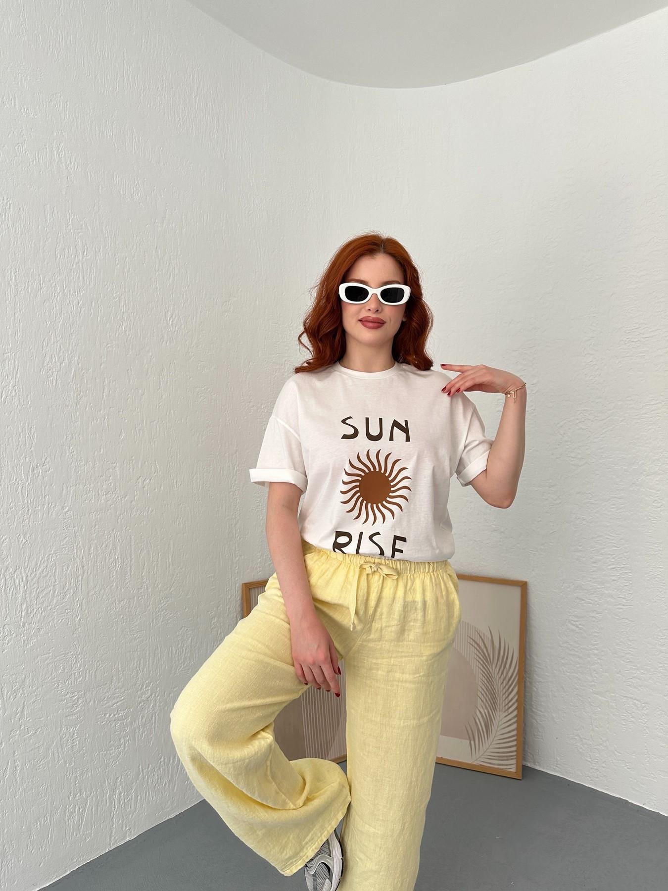 Düşük Kollu Baskılı Tişört Ekru