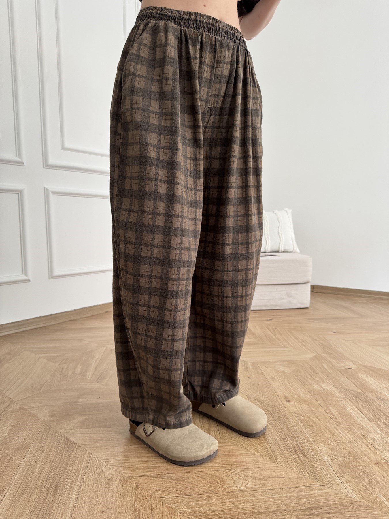 Ekose Desen Balon Pantolon Kahve