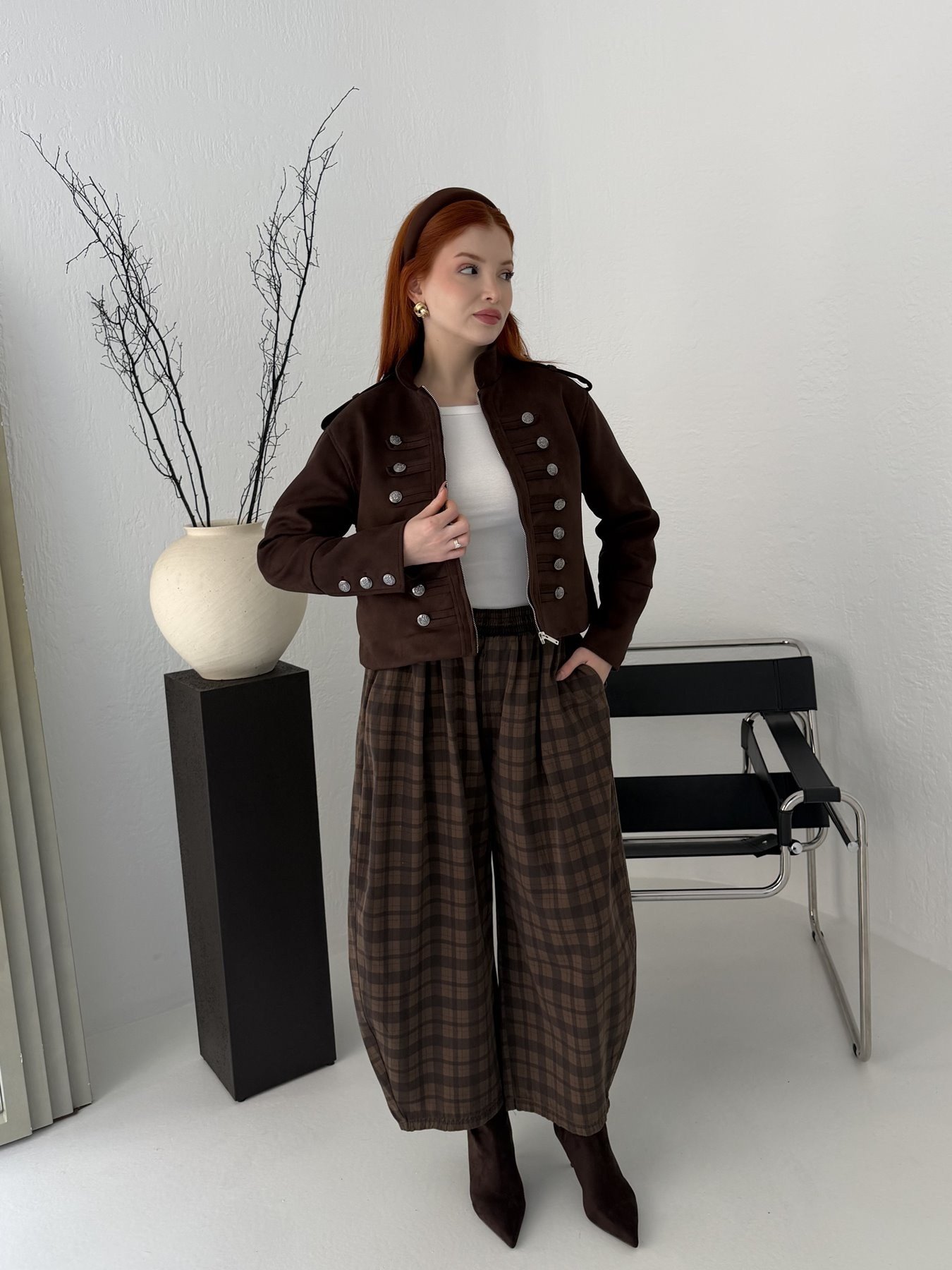 Ekose Desen Balon Pantolon Kahve