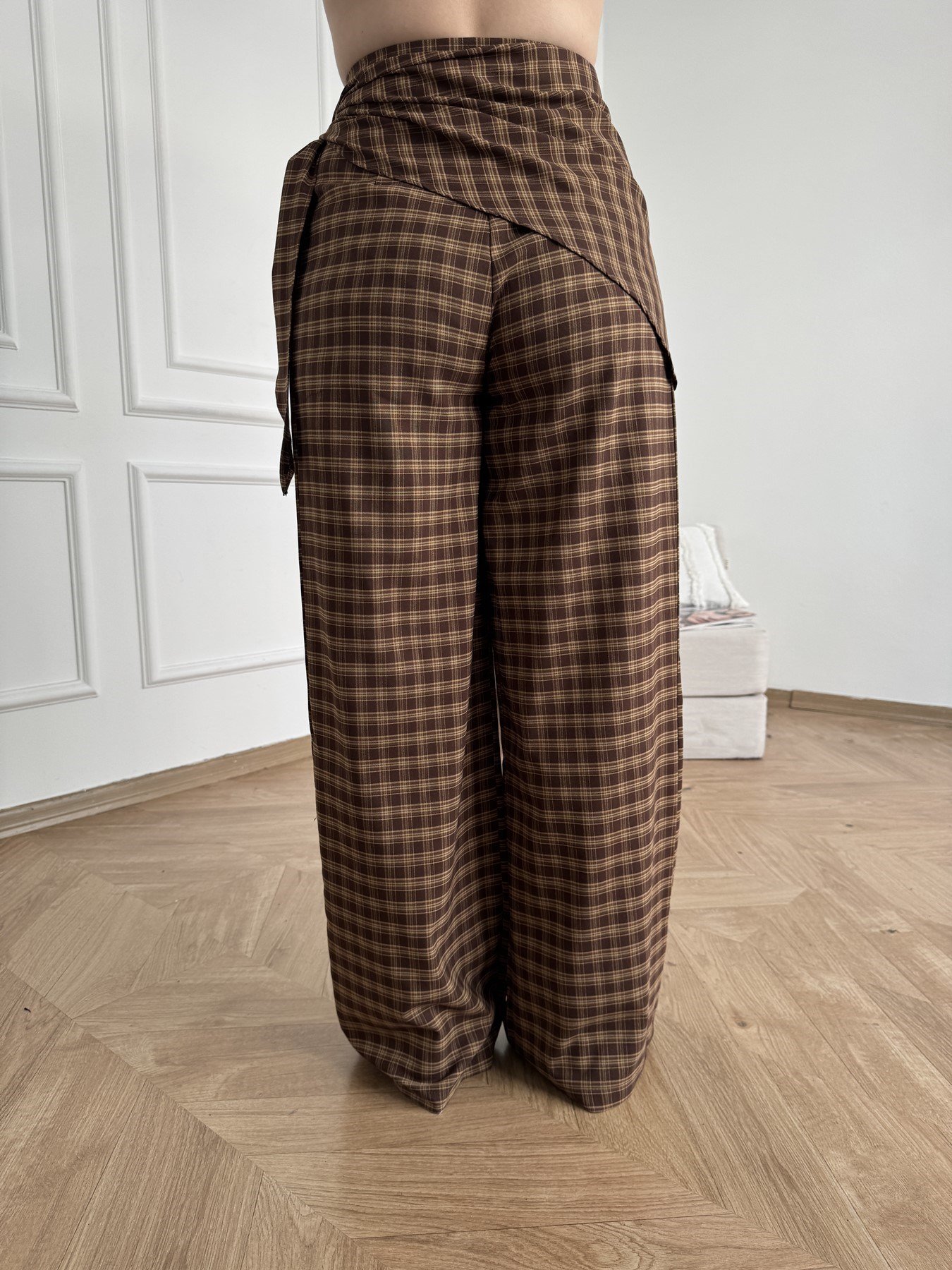 Ekose Desen Bol Paça Pantolon Kahve-camel