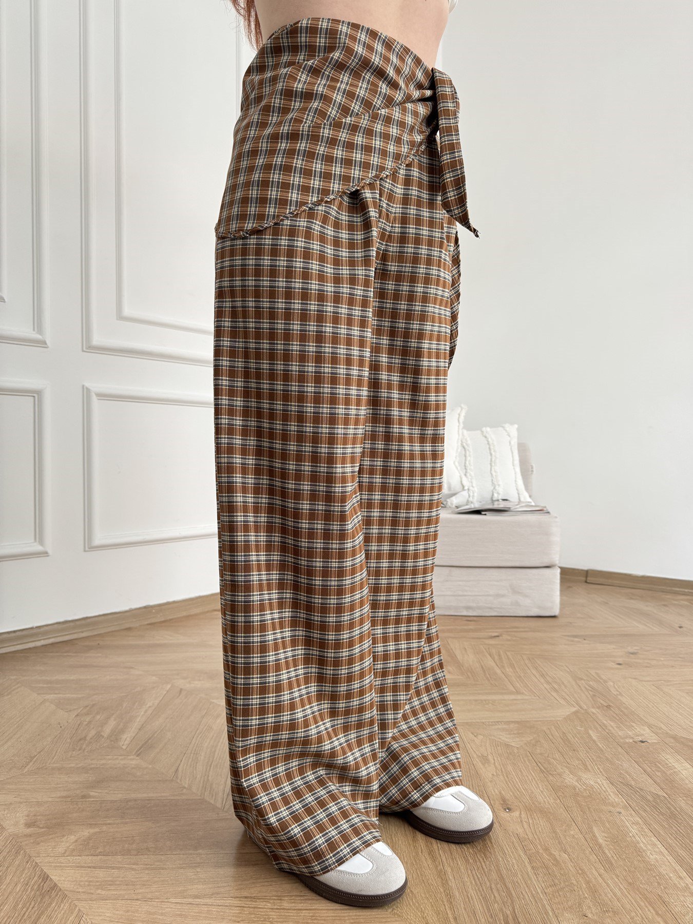 Ekose Desen Bol Paça Pantolon Kahve-gri
