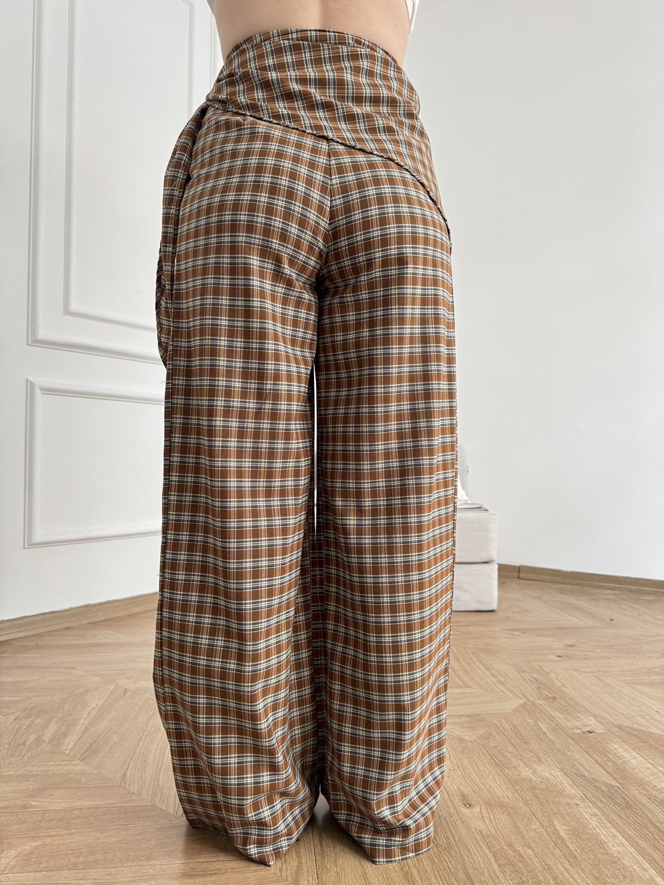 Ekose Desen Bol Paça Pantolon Kahve-gri