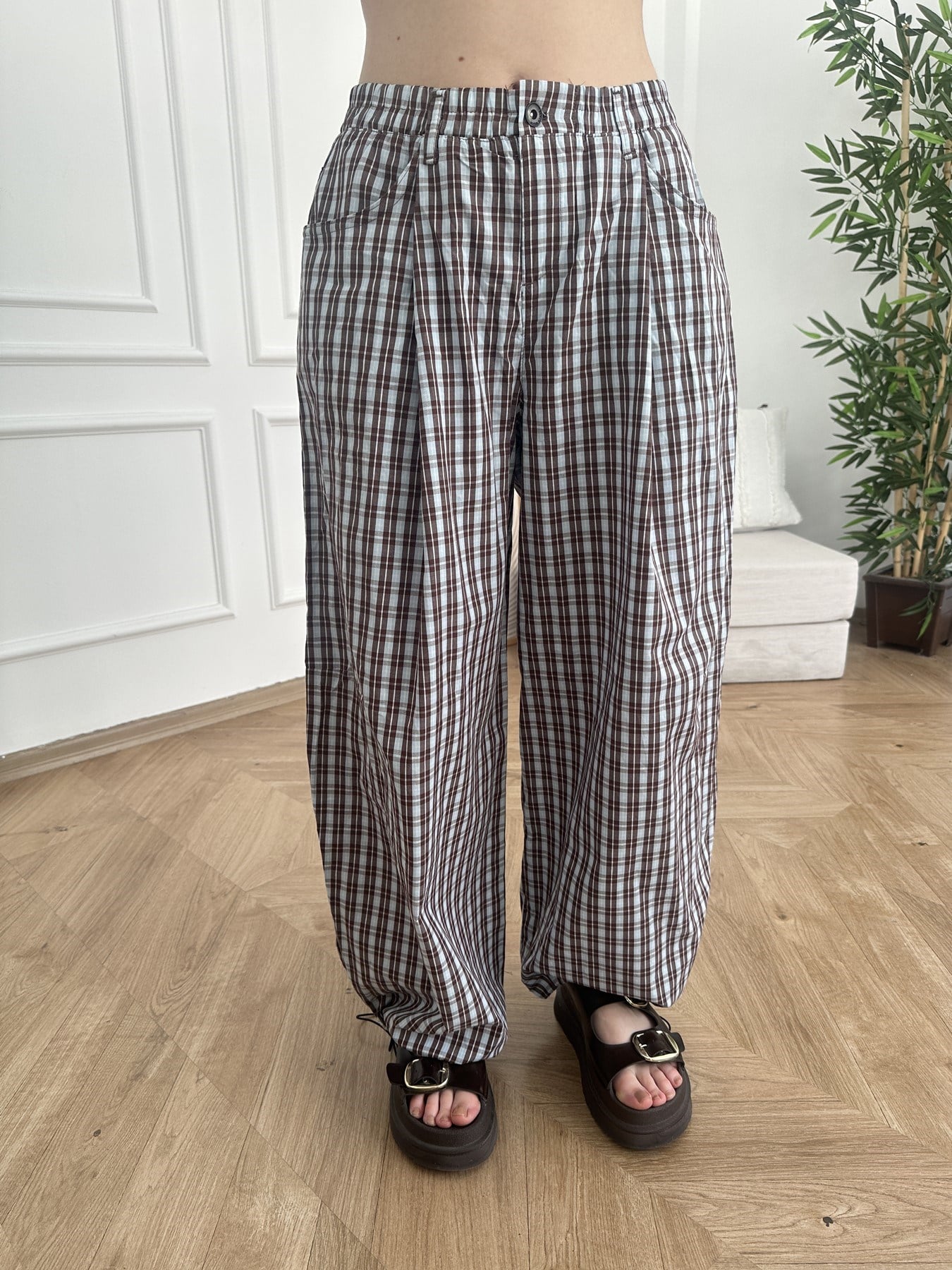 Ekose Desen Paçası Lastikli Pantolon Kahve-mavi